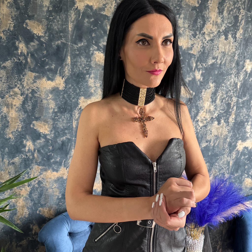 Handcrafted Black Choker Necklace Agate Stone Material Gothic Cross Pendant Gold Plated Centerpiece Crystal Details Zircon Accents Statement Collar Design Elegant Neck Adornment Adjustable Length Options Customizable Size Range Premium