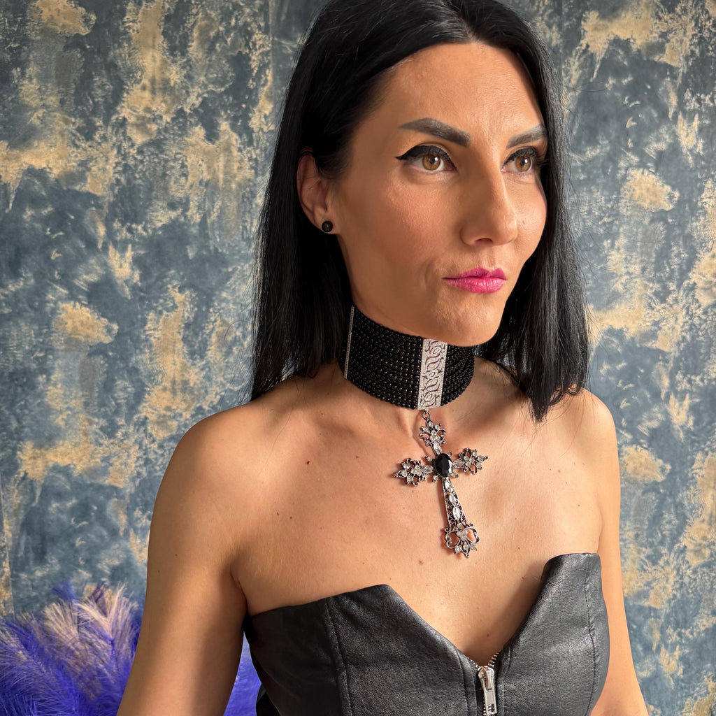 Handmade Victorian Choker Black Agate Beads Statement Necklace Cross Pendant Design Gothic Jewelry Piece Alternative Fashion Accessory Bold Style Statement Platinum Plated Zircon Centerpiece Adjustable Length Customizable Size Dark Elegant