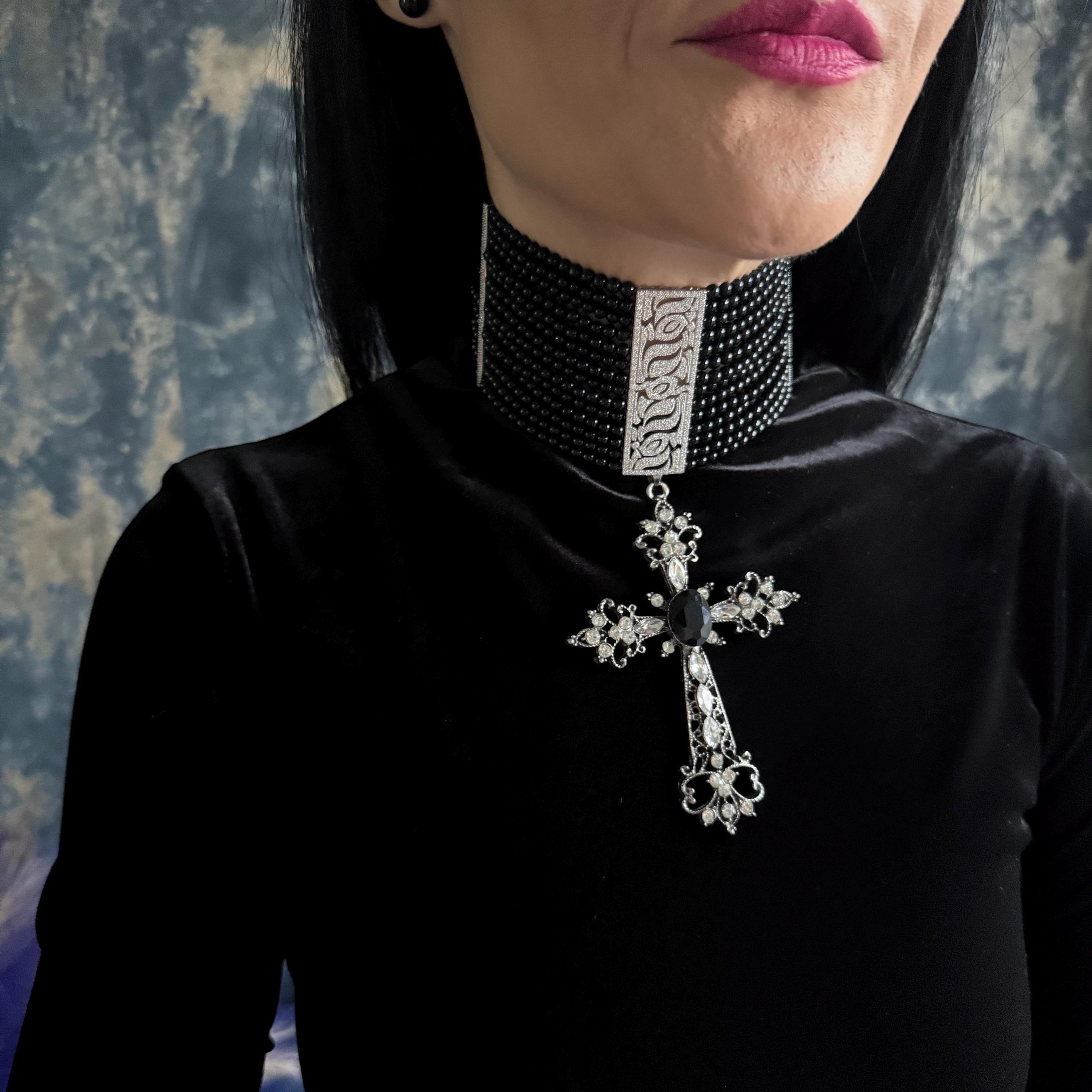 Handmade Victorian Choker Black Agate Beads Statement Necklace Cross Pendant Design Gothic Jewelry Piece Alternative Fashion Accessory Bold Style Statement Platinum Plated Zircon Centerpiece Adjustable Length Customizable Size Dark Elegant