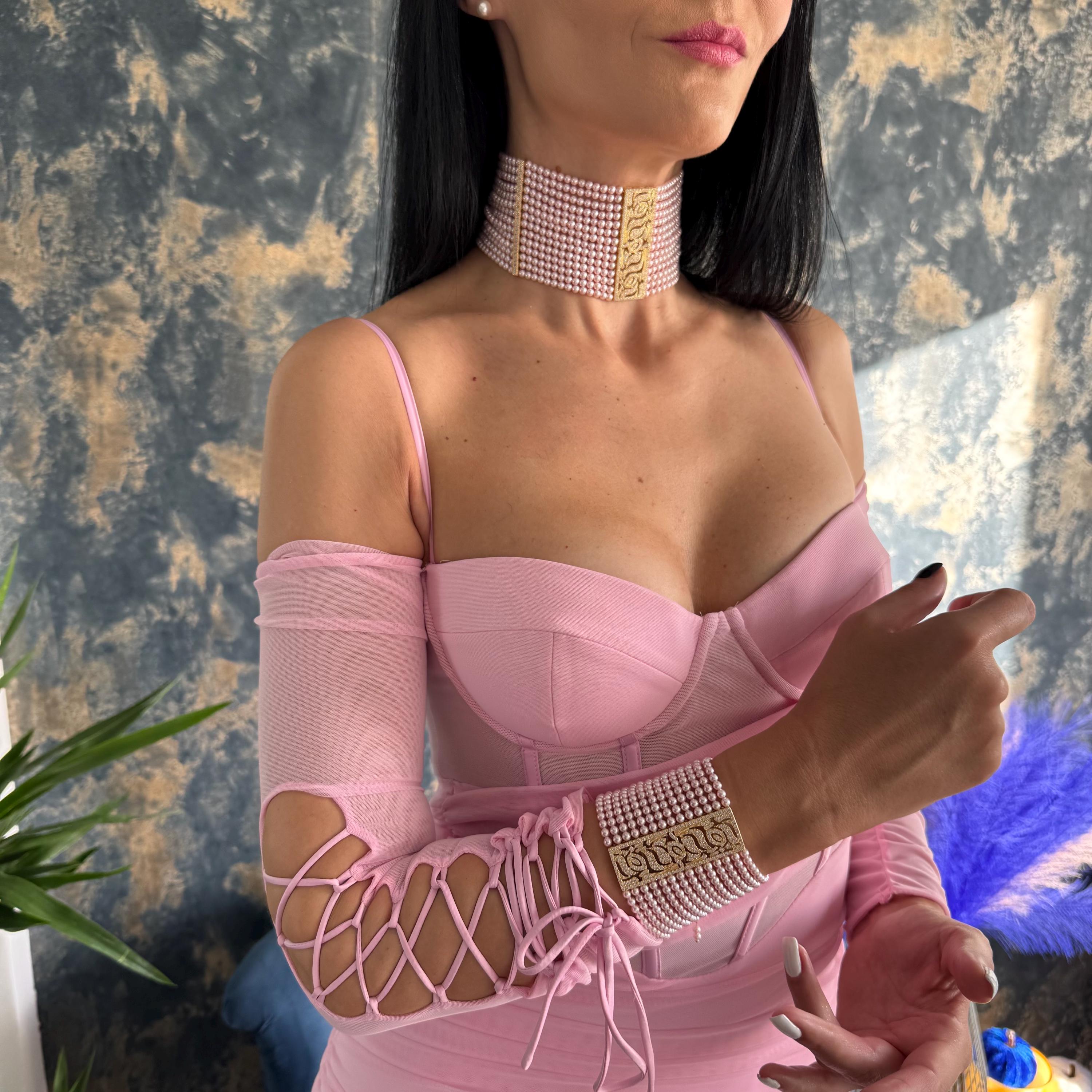Pink Pearl Bracelet Crystal Cuff Jewelry Multi Strand Design Elegant Statement Piece Wedding Accessory Formal Event Jewelry Adjustable Length Customizable Fit Zircon Details Luxury Arm Piece Special Occasion Accessory Feminine Style