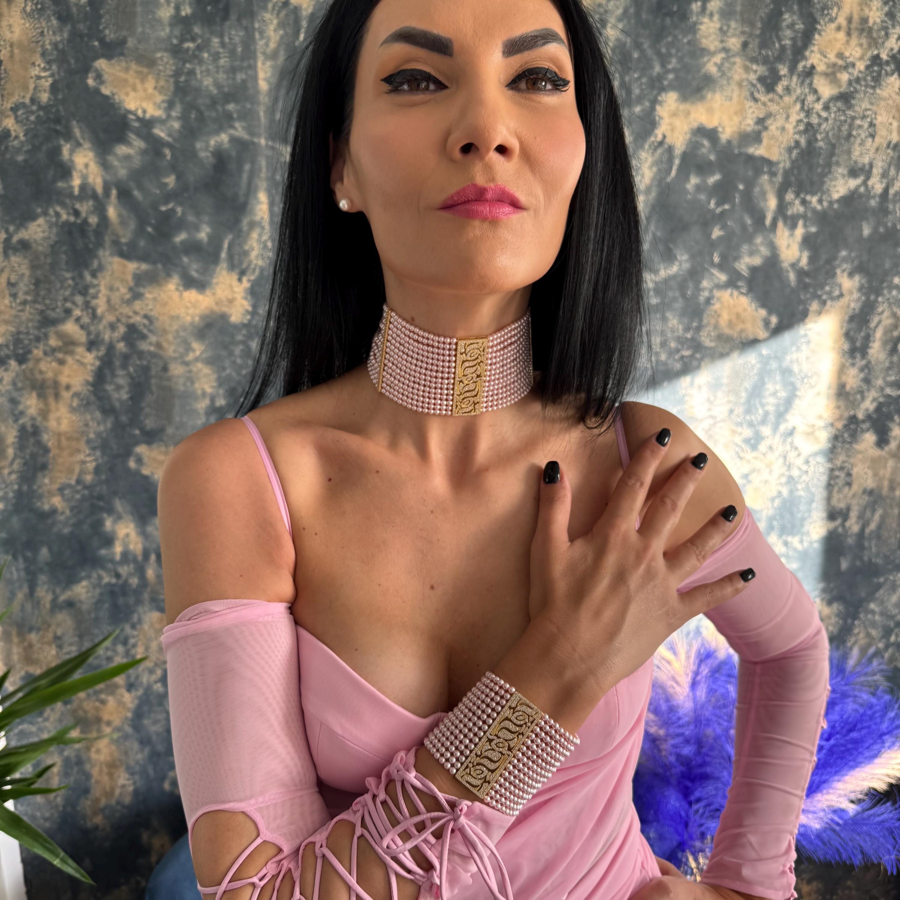 Statement Jewelry Piece Pink Pearl Bracelet Crystal Cuff Design Multi Strand Pattern Elegant Formal Accessory Wedding Guest Jewelry Special Occasion Piece Adjustable Length Feature Customizable Wrist Size Zircon Detailed Embellishments