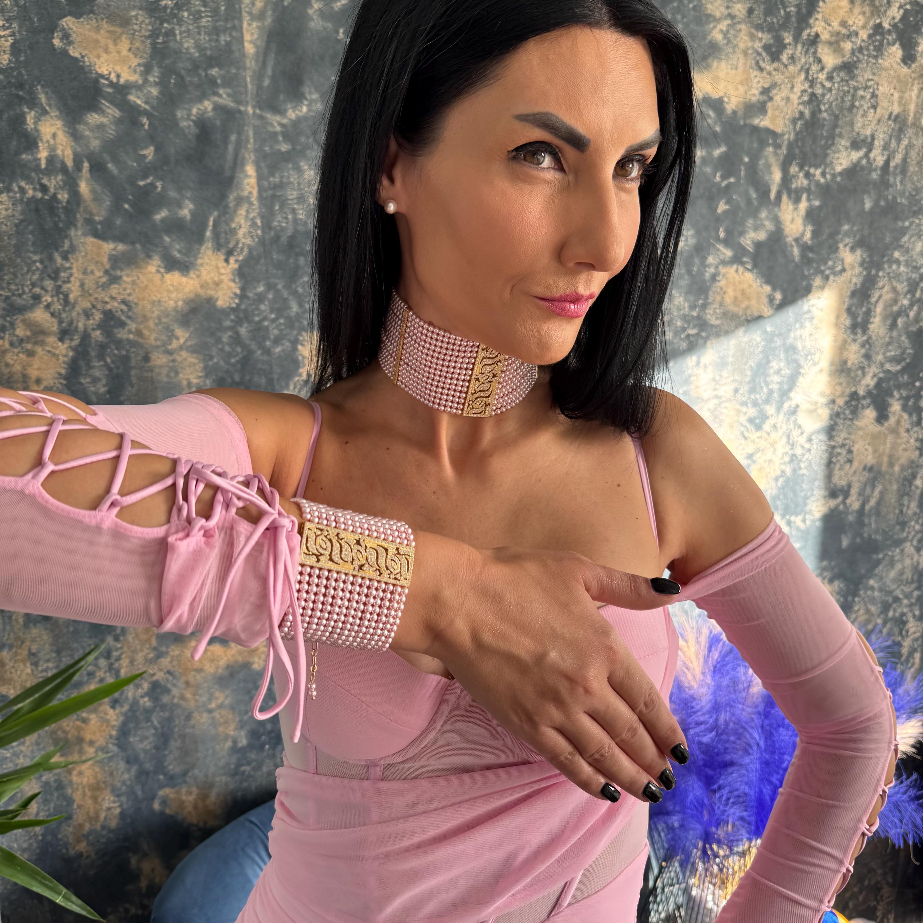 Statement Jewelry Piece Pink Pearl Bracelet Crystal Cuff Design Multi Strand Pattern Elegant Formal Accessory Wedding Guest Jewelry Special Occasion Piece Adjustable Length Feature Customizable Wrist Size Zircon Detailed Embellishments