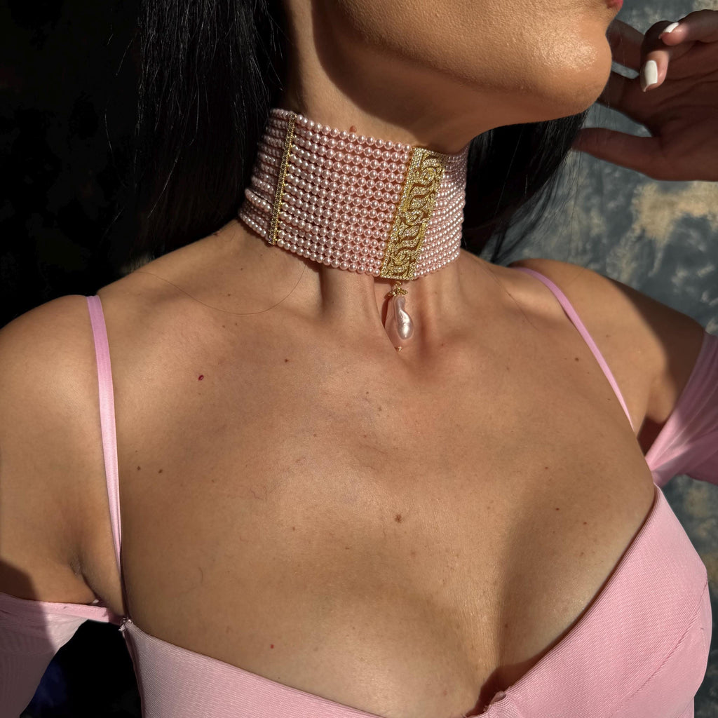 Luxury Statement Necklace Pearl Choker Design Pink Crystal Strands Baroque Teardrop Pendant Gold Plated Zircon Handmade Elegant Piece Wedding Formal Accessory Special Occasion Jewelry Adjustable Length Option Multilayer Construction Wide