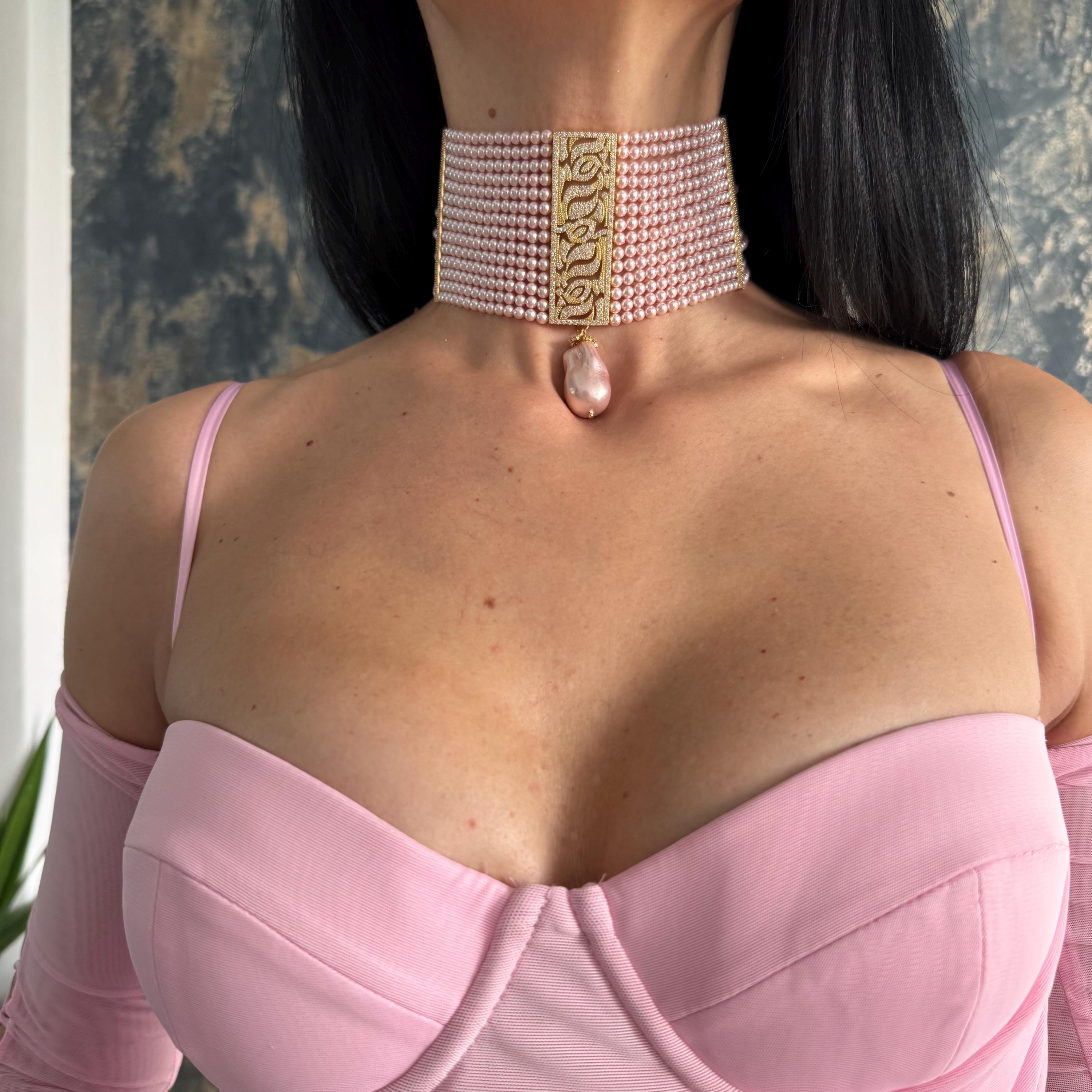 Wedding Pearl Necklace Elegant Choker Design Pink Crystal Strands Beautiful Baroque Pendant Luxury Statement Piece Formal Event Jewelry Gold Zircon Accent Handmade Multilayer Construction Adjustable Length Option Special Occasion Accessory