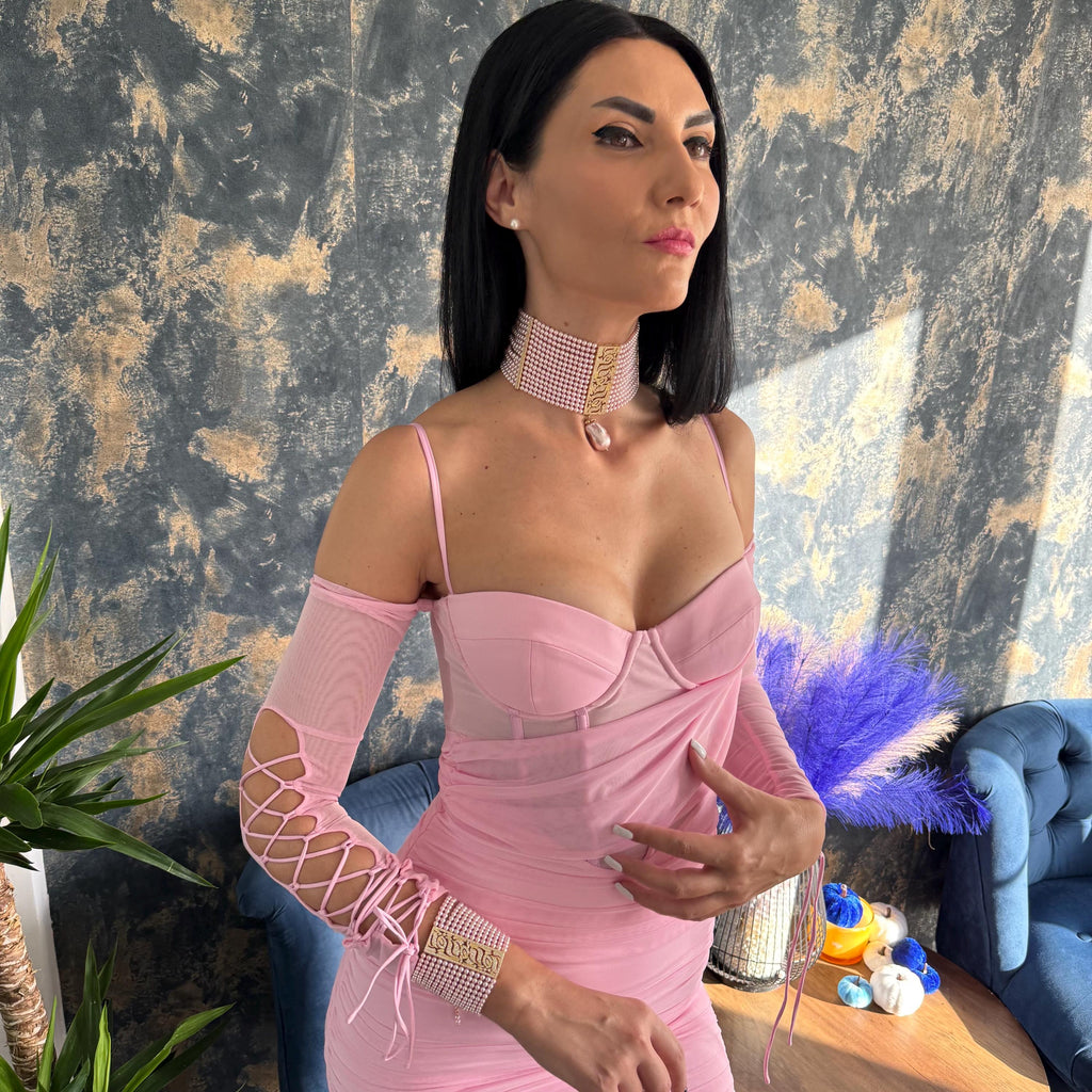Wedding Pearl Necklace Elegant Choker Design Pink Crystal Strands Beautiful Baroque Pendant Luxury Statement Piece Formal Event Jewelry Gold Zircon Accent Handmade Multilayer Construction Adjustable Length Option Special Occasion Accessory