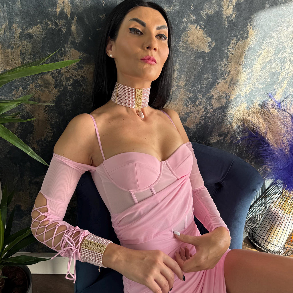 Luxury Statement Necklace Pearl Choker Design Pink Crystal Strands Baroque Teardrop Pendant Gold Plated Zircon Handmade Elegant Piece Wedding Formal Accessory Special Occasion Jewelry Adjustable Length Option Multilayer Construction Wide