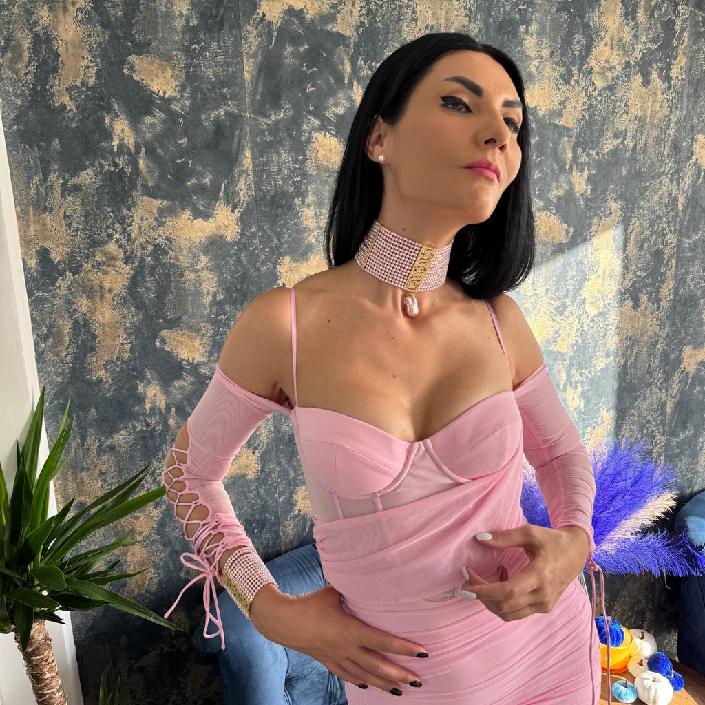 Luxury Statement Necklace Pearl Choker Design Pink Crystal Strands Baroque Teardrop Pendant Gold Plated Zircon Handmade Elegant Piece Wedding Formal Accessory Special Occasion Jewelry Adjustable Length Option Multilayer Construction Wide