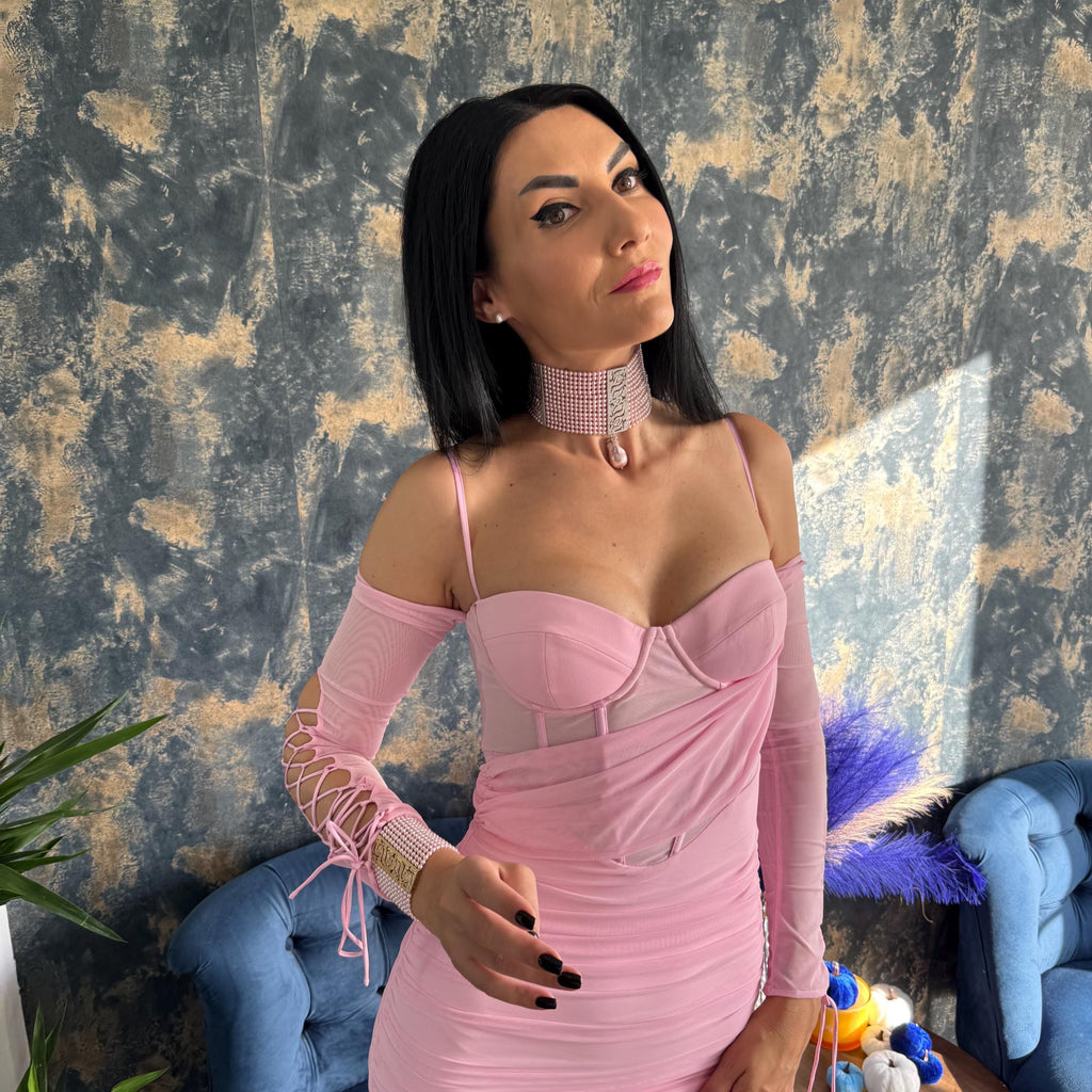 Fourteen Row Design Pink Pearl Choker Necklace Handcrafted Crystal Jewelry Elegant Statement Piece Wedding Accessory Formal Event Essential Platinum Plated Zircon Centerpiece Adjustable Length Secure Lobster Clasp Feminine Style Luxury