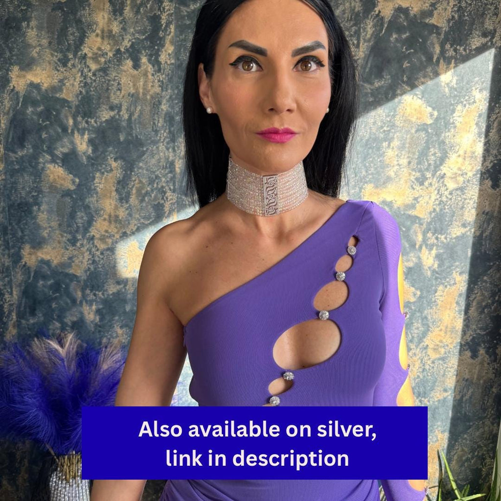 Iridescent Glass Beads Crystal Choker Collection Wide Statement Necklace Design Gold Plated Accents Premium Construction Quality Zircon Centerpiece Feature Customizable Length Option Elegant Wedding Accessory Formal Event Jewelry Glamorous