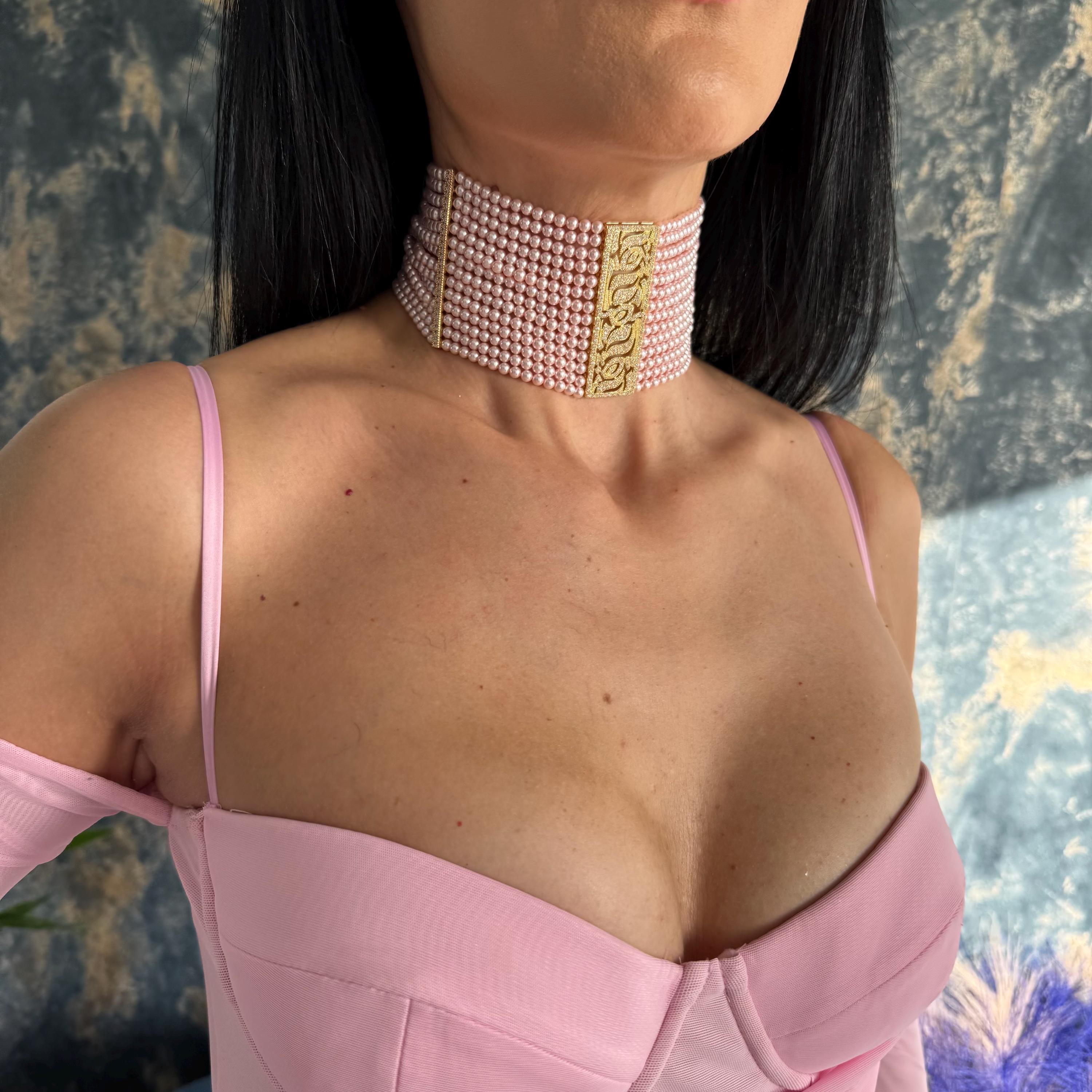 Formal Occasion Necklace Pink Pearl Choker Elegant Design Statement Jewelry Gold Crystal Accents Special Event Accessory Wedding Collection Piece Luxury Gift Idea Adjustable Length Comfort Perfect Evening Wear Bridal Party Essential Gold