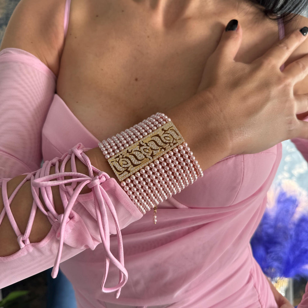 Pink Pearl Bracelet Crystal Cuff Jewelry Multi Strand Design Elegant Statement Piece Wedding Accessory Formal Event Jewelry Adjustable Length Customizable Fit Zircon Details Luxury Arm Piece Special Occasion Accessory Feminine Style