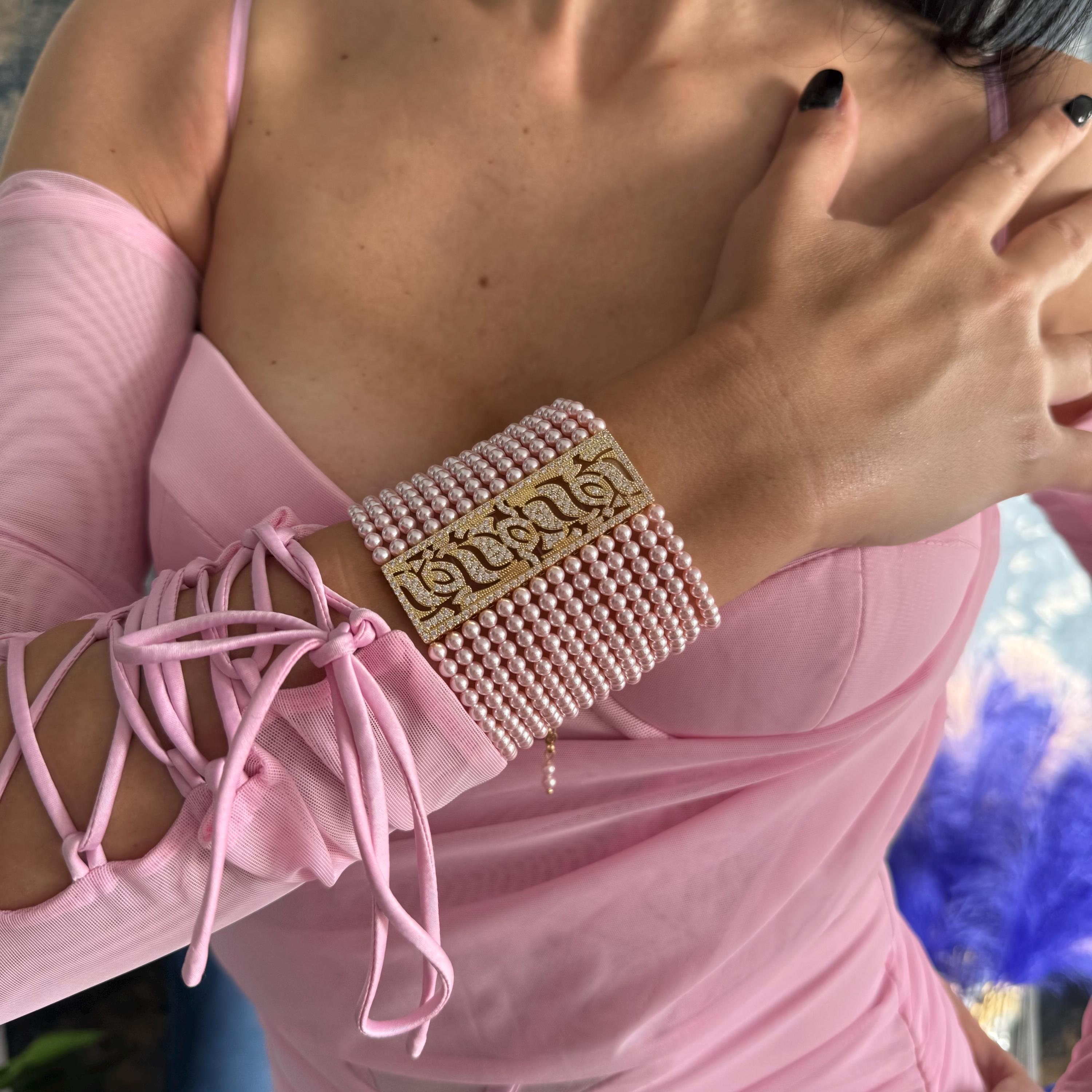 Pink Pearl Bracelet Crystal Cuff Jewelry Multi Strand Design Elegant Statement Piece Wedding Accessory Formal Event Jewelry Adjustable Length Customizable Fit Zircon Details Luxury Arm Piece Special Occasion Accessory Feminine Style