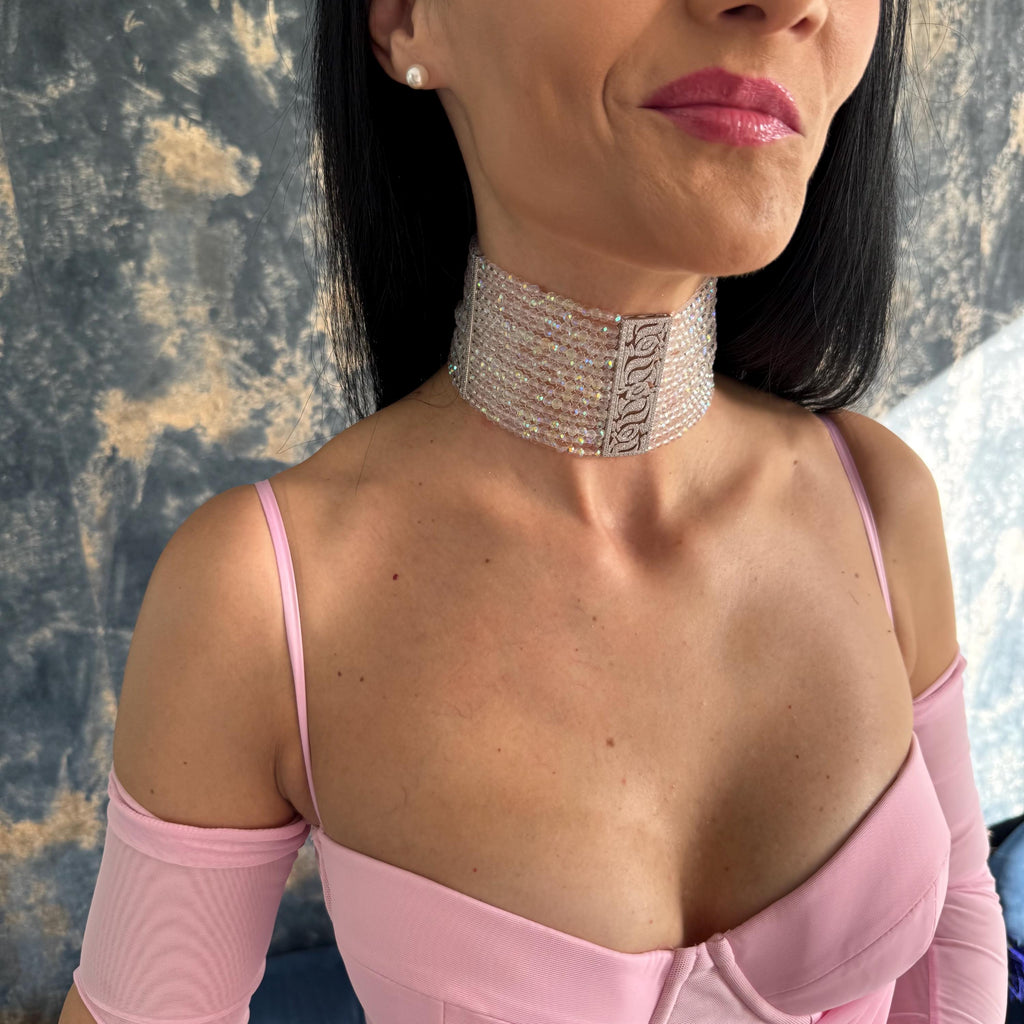 Wide Crystal Choker Statement Necklace Silver Jewelry Iridescent Beaded Faceted Glass Sparkling Handmade Jewellery Gift Wedding Accessory Bridal Collection Elegant Evening Wear Formal Occasion Perfect Bride Accessory Customizable Length