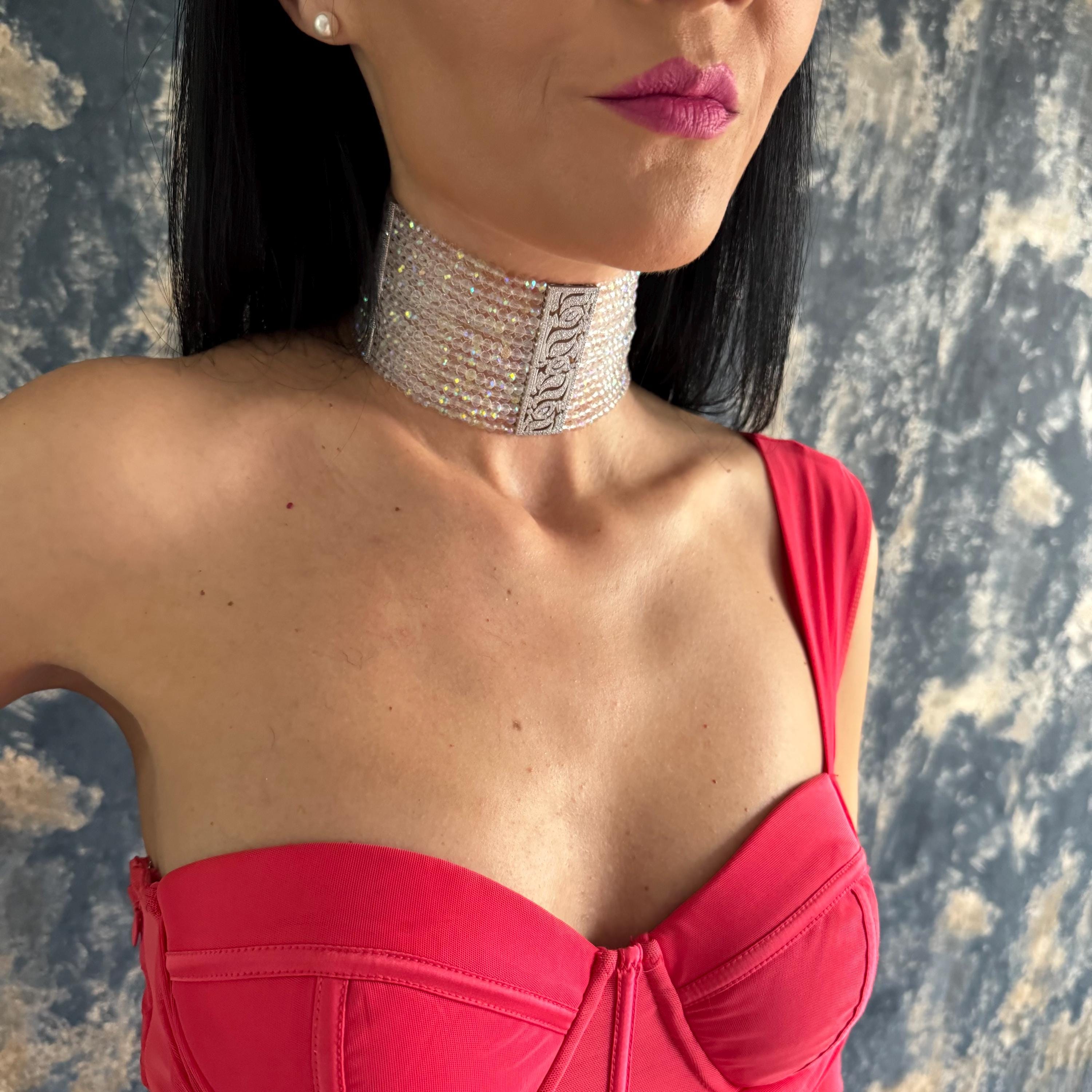 Sparkling Statement Choker Wide Crystal Design Iridescent Glass Beads Faceted Texture Silver Jewelry Collection Handmade Craftsmanship Premium Quality Construction Wedding Accessory Formal Wear Elegant Evening Option Special Occasion Piece