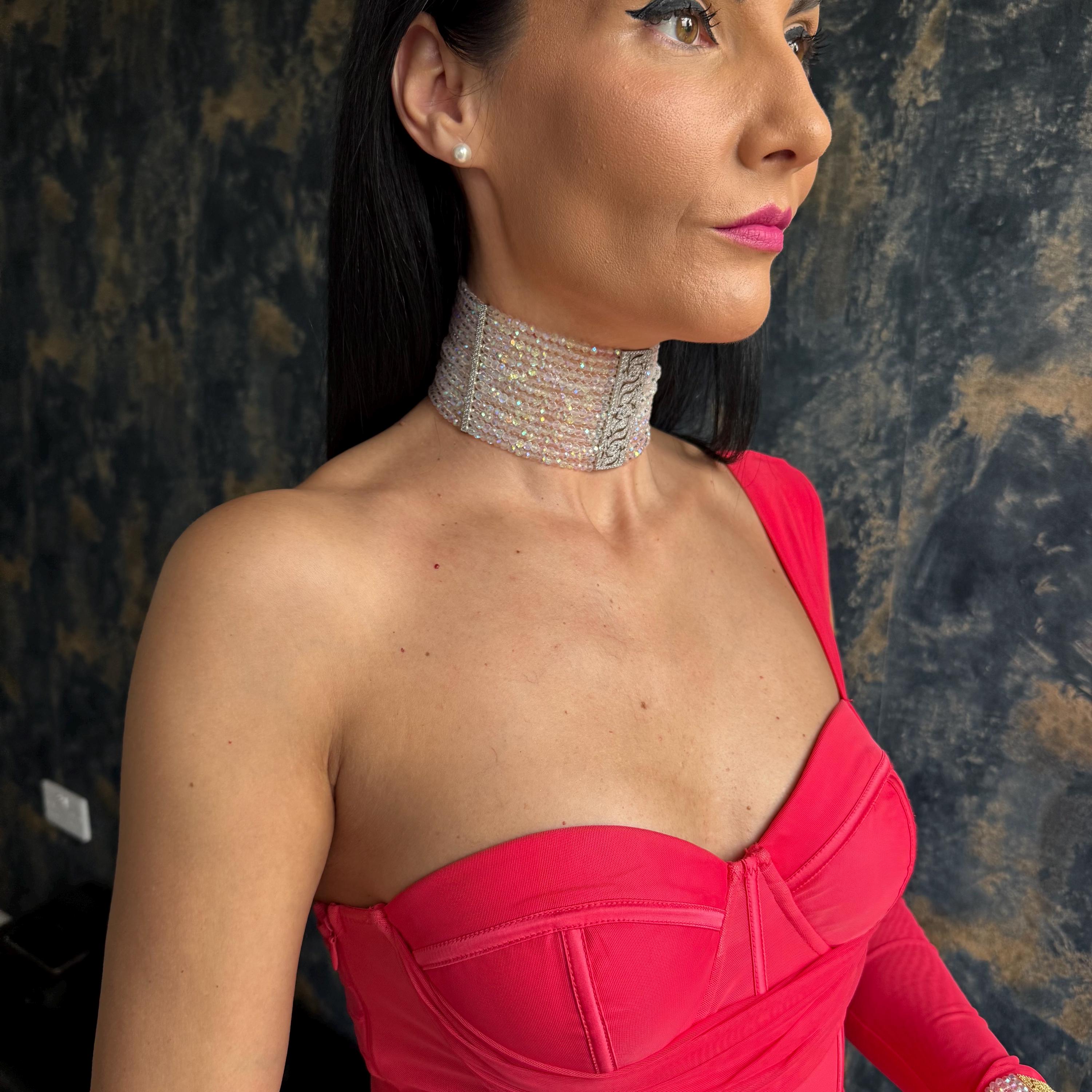 Sparkling Statement Choker Wide Crystal Design Iridescent Glass Beads Faceted Texture Silver Jewelry Collection Handmade Craftsmanship Premium Quality Construction Wedding Accessory Formal Wear Elegant Evening Option Special Occasion Piece