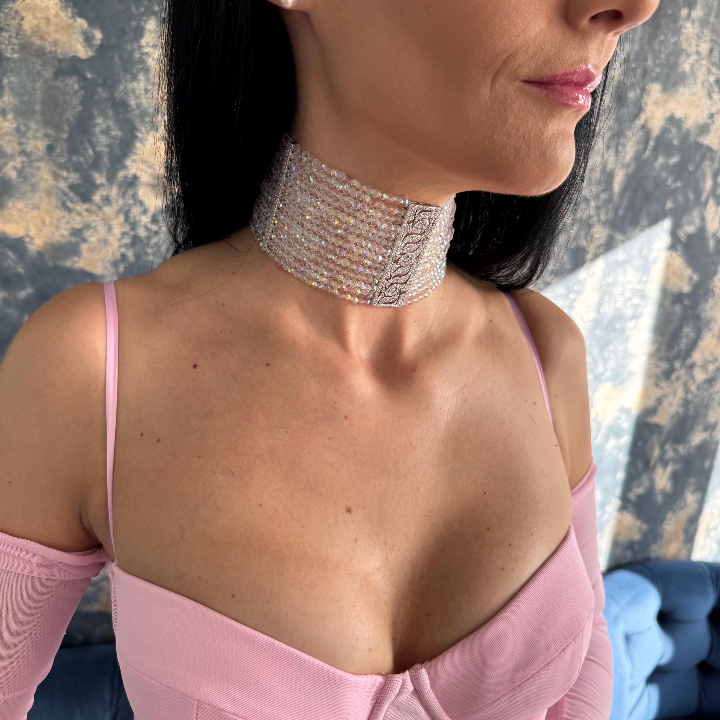 Handmade Crystal Necklace Wide Choker Design Faceted Glass Beads Iridescent Appearance Silver Jewelry Statement Piece Sparkling Jewellery Collection Platinum Plated Zircons Centerpiece Customizable Length Option Lobster Claw Clasp Evening