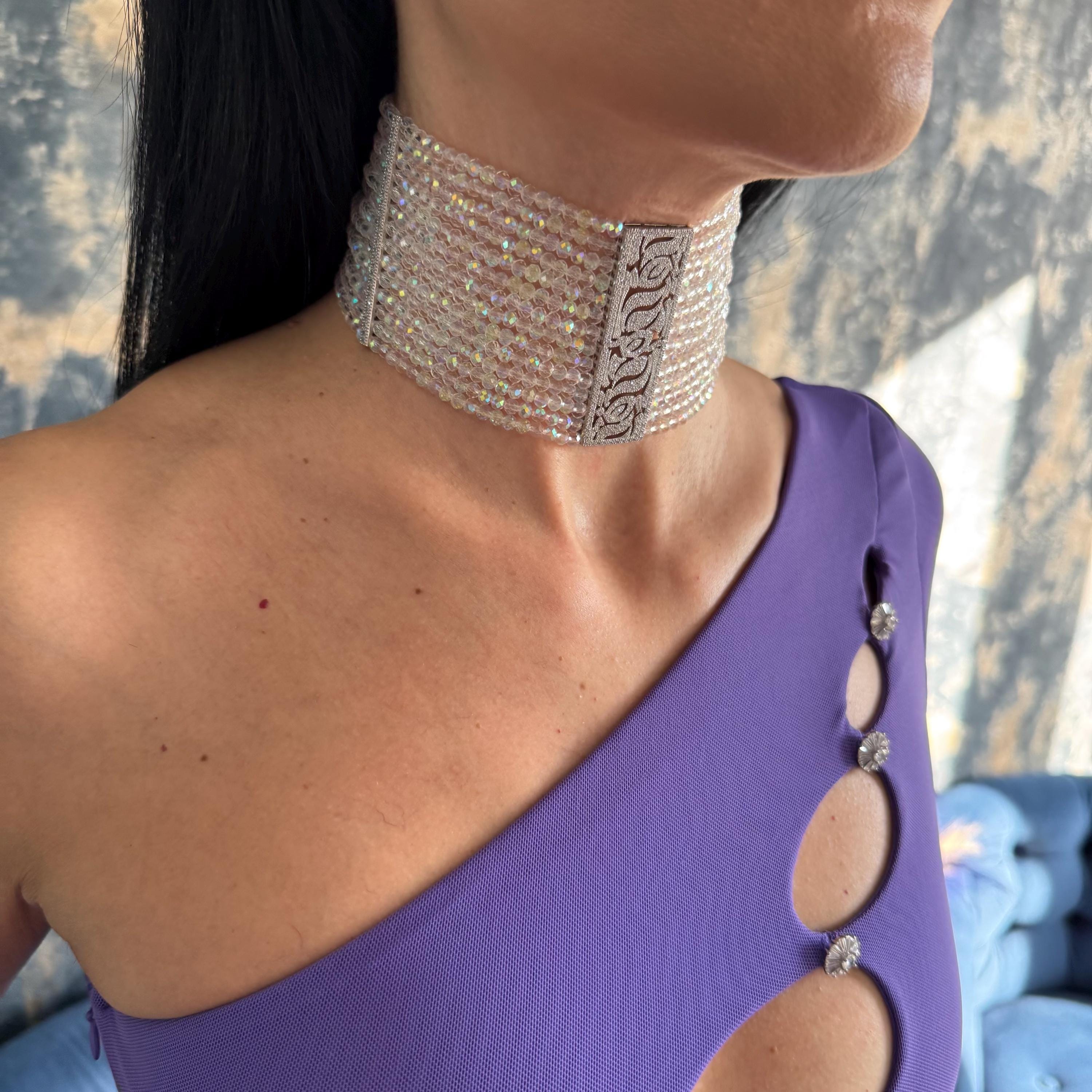 Sparkling Statement Choker Wide Crystal Design Iridescent Glass Beads Faceted Texture Silver Jewelry Collection Handmade Craftsmanship Premium Quality Construction Wedding Accessory Formal Wear Elegant Evening Option Special Occasion Piece