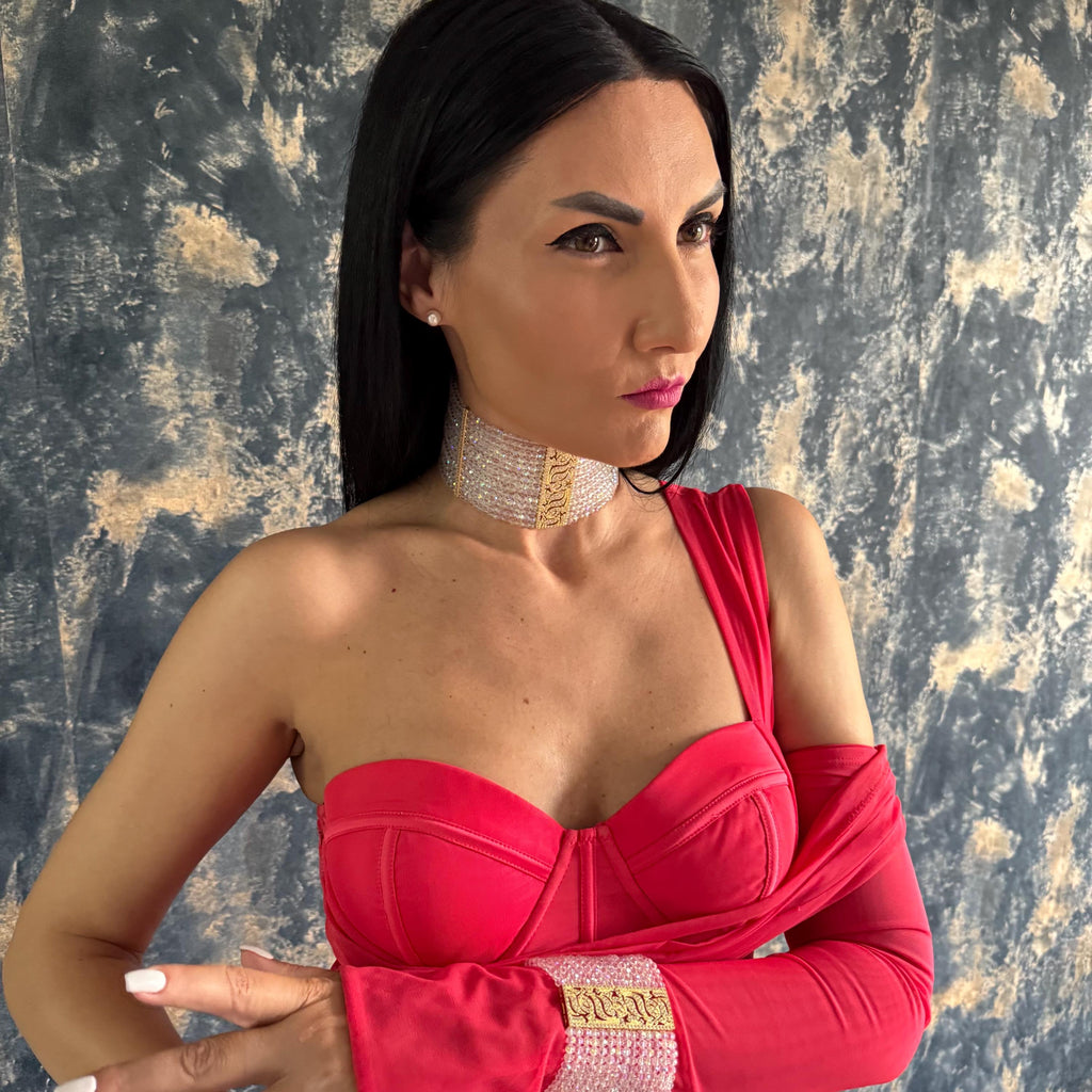 Statement Cuff Bracelet Crystal Beaded Design Elegant Wrist Accessory Gold Plated Finish Iridescent Glass Details Zircon Embellished Jewelry Wedding Collection Special Occasion Piece Customizable Length Option Formal Event Wear