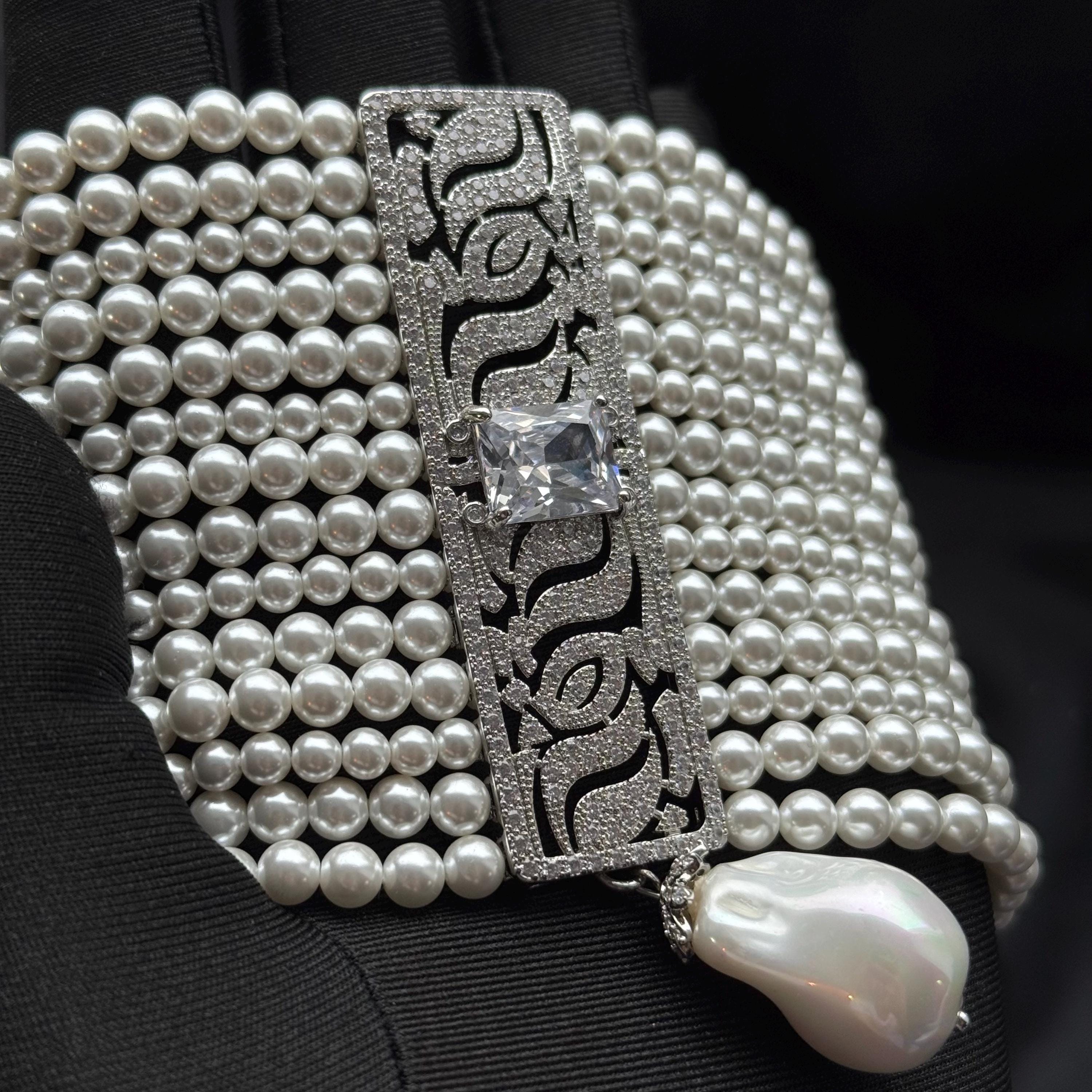 Wide Pearl Choker Necklace Statement Jewelry Silver Luxury Piece Accessory Formal Event Occasion Multi Strand Pendant Teardrop Indian Set