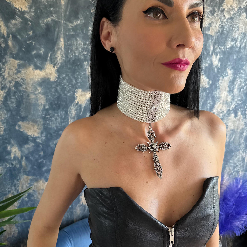 Pearl Cross Necklace Rhinestone Choker Multi Strand Design Statement Jewelry Piece Wedding Ceremony Accessory Elegant Fashion Collection Customizable Length Option Premium Shell Pearls Zircon Embellishments Platinum Plated Finish Gothic