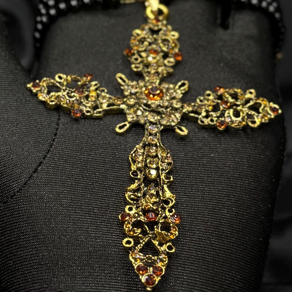 Premium Jewelry Collection Black Agate Choker Gothic Cross Design Gold Plated Elements Crystal Details Zircon Accents Statement Collar Piece Elegant Neck Adornment Handcrafted Quality Construction Adjustable Length Options Evening Wear
