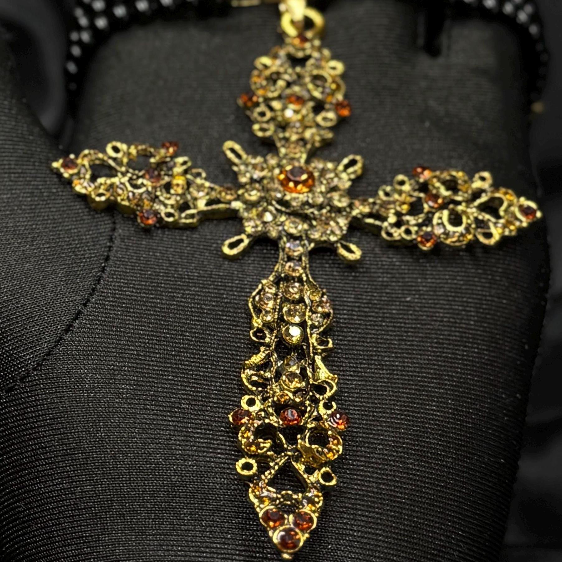 Premium Jewelry Collection Black Agate Choker Gothic Cross Design Gold Plated Elements Crystal Details Zircon Accents Statement Collar Piece Elegant Neck Adornment Handcrafted Quality Construction Adjustable Length Options Evening Wear
