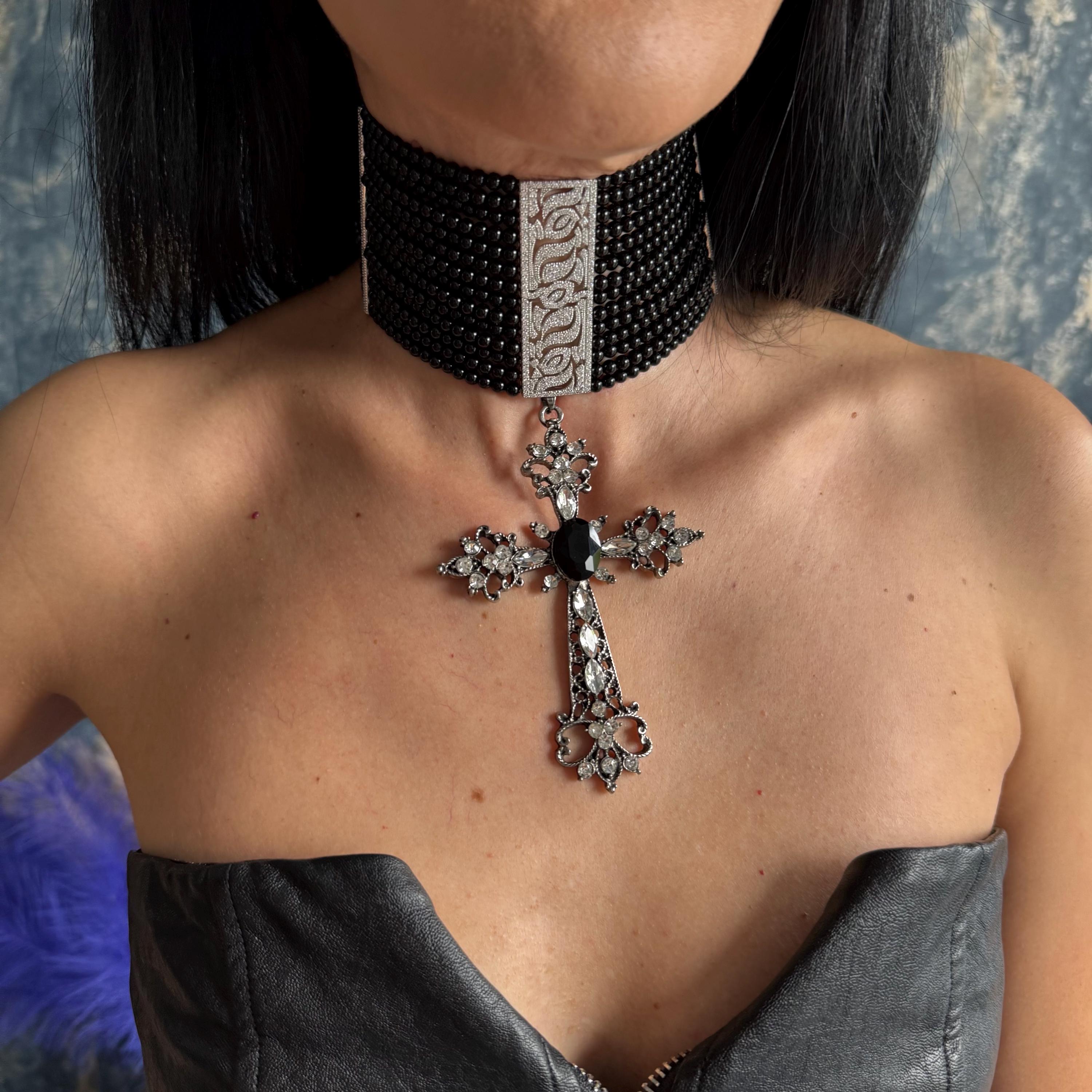 Black Agate Choker Necklace Gothic Jewelry Statement Cross Pendant Victorian Style Alternative Fashion Accessory Bold Beaded Design Luxury Modern Zircon Centerpiece High Quality Handmade Piece Adjustable Length Dark Aesthetic Elegant