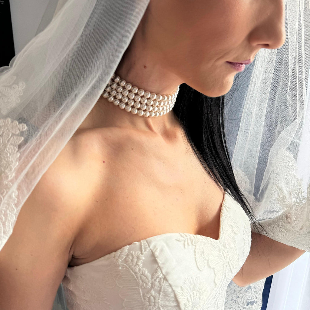 Crystal Pearl Necklace Multi Strand Design Statement Piece Wedding Jewelry Collection Elegant Choker Style Bridal Accessory Formal Event Essential Luxurious Wedding Day Look Classic White Ivory Pearls Four Layer Construction Gold Plated