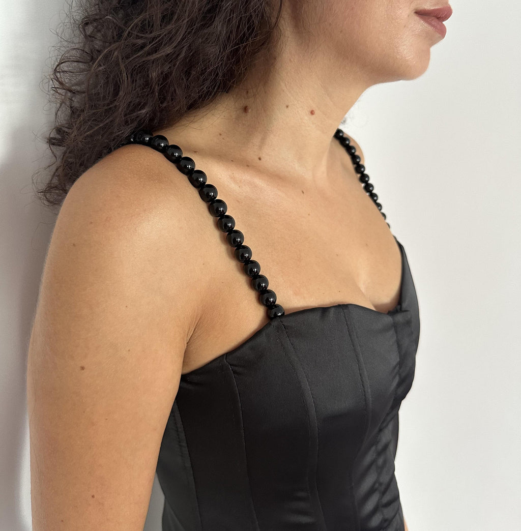 Removable Attachable Straps Black Dress Enhancement Pearl Beaded Design Shoulder Jewelry Fashion Accessory Elegant Detail Sophisticated Style Evening Wear Upgrade Glamour Addition Formal Occasion Ready Versatile Option Customizable Look