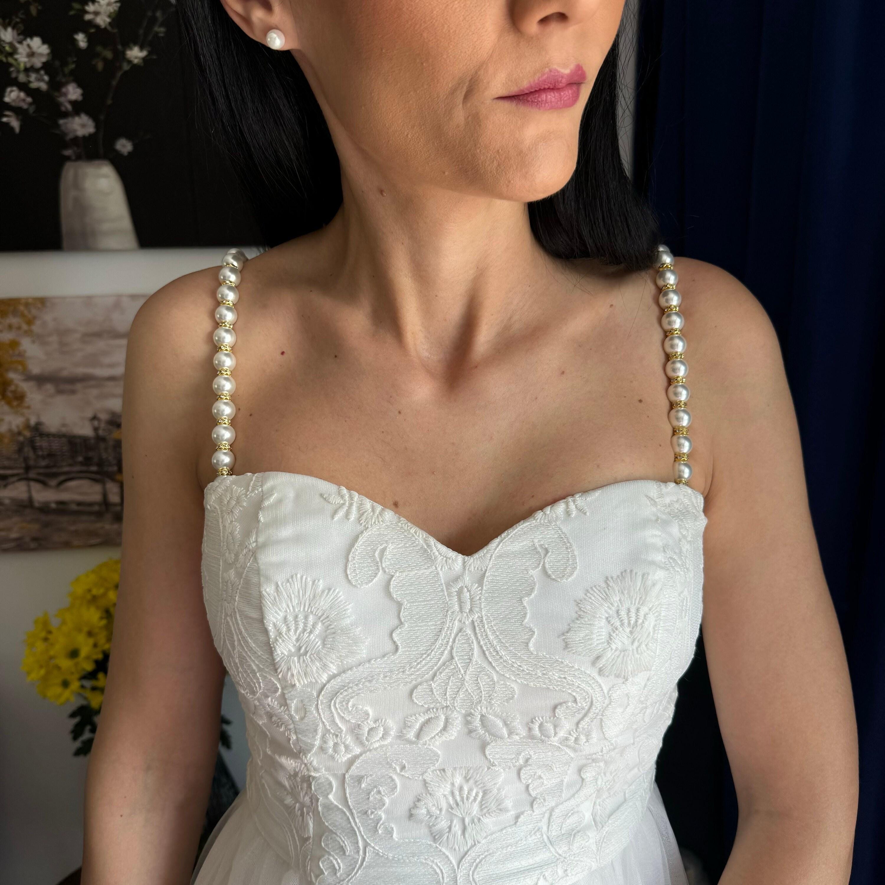 Luxurious Pearl Straps Diamante Rhinestone Details Elegant Shoulder Jewelry Removable Epaulettes Wedding Dress Accessory Silver Beaded Elements Sew On Design Bridal Collection Piece Dress Transformation Option Formal Gown Enhancement