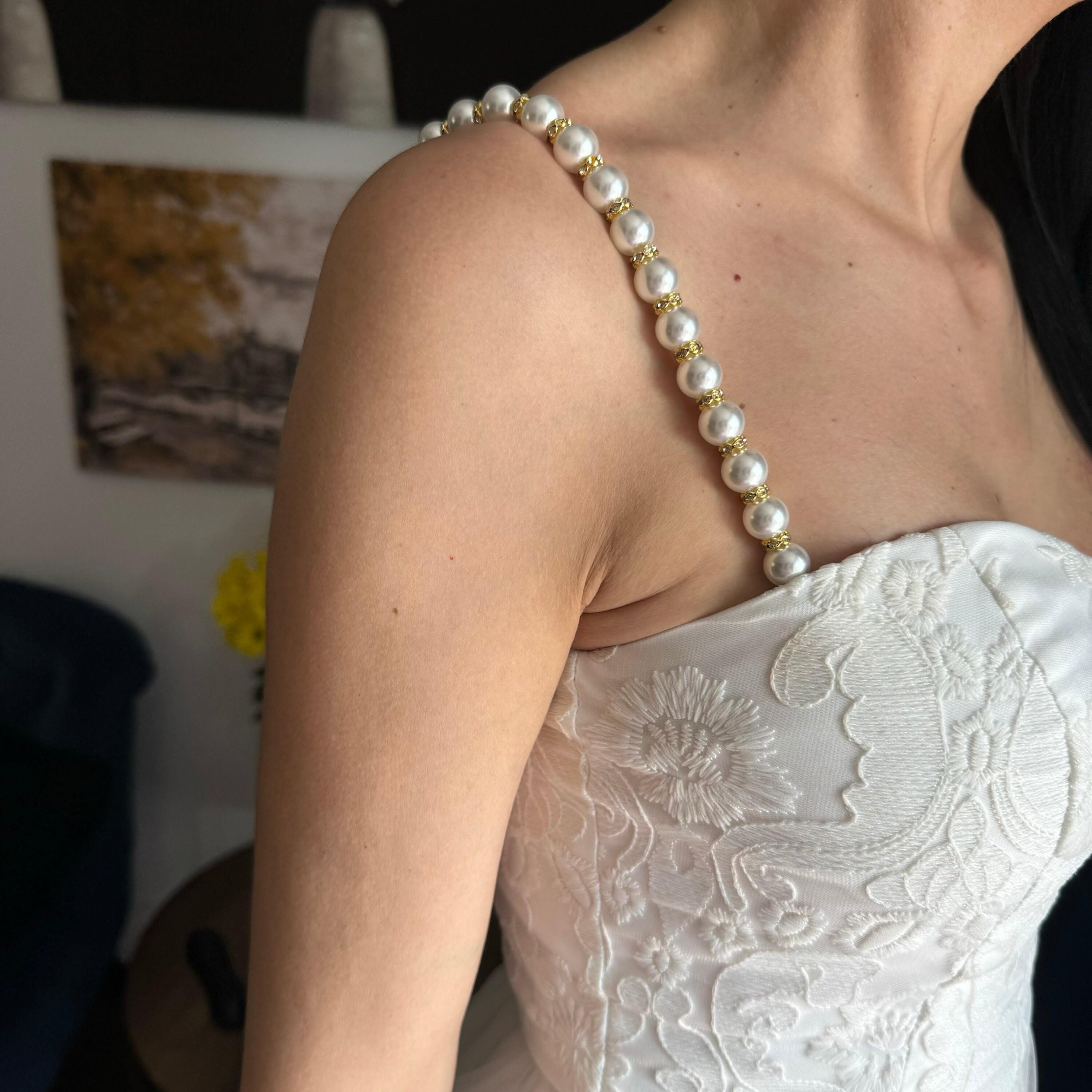 Decorative Shoulder Jewelry Pearl Dress Straps Removable Epaulettes Diamante Rhinestone Embellishment Elegant Bridal Accessory Wedding Gown Update Beautiful Beaded Design Sew On Application Silver Accent Details Formal Attire Enhancement