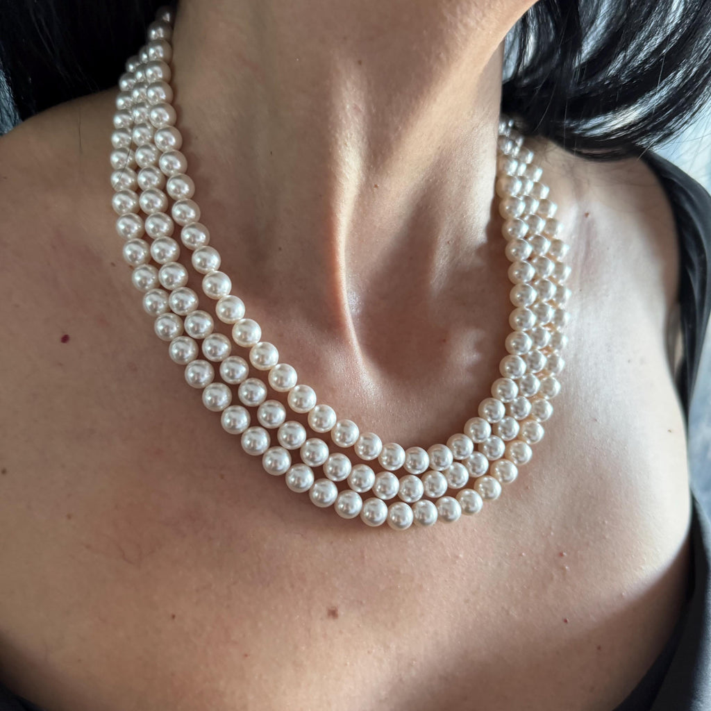 Triple strand pearl necklace with beautiful clasp, Layered pearl necklace Gift for Bridesmaids, Mother's Gift