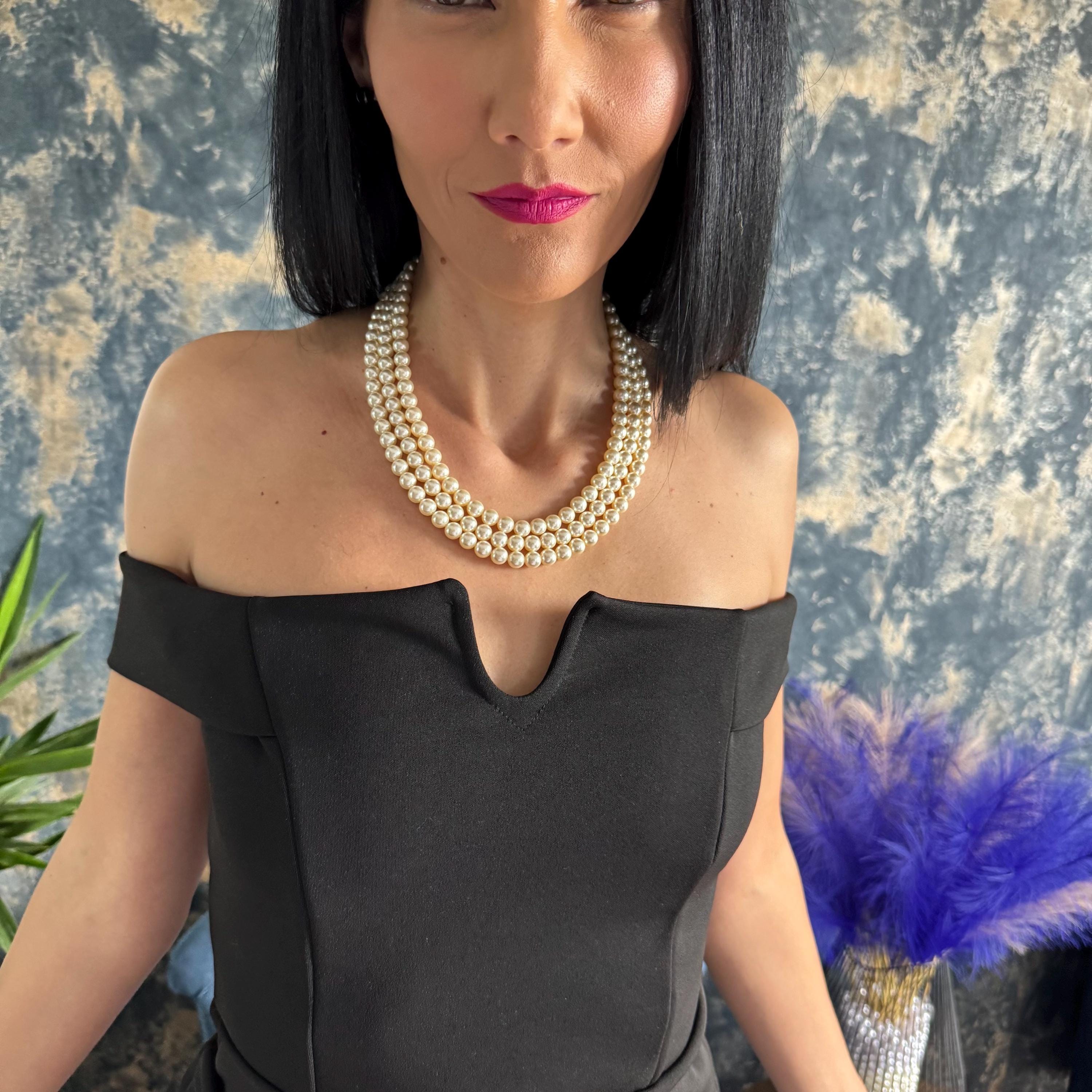 Luxury Formal Accessory Triple Strand Pearl Necklace Vintage Layered Design Statement Piece Wedding Jewelry Elegant Style Ivory Crystal Beads Rhinestone Clasp Gold Embellished Finish Special Occasion Gift Sophisticated Fashion Addition