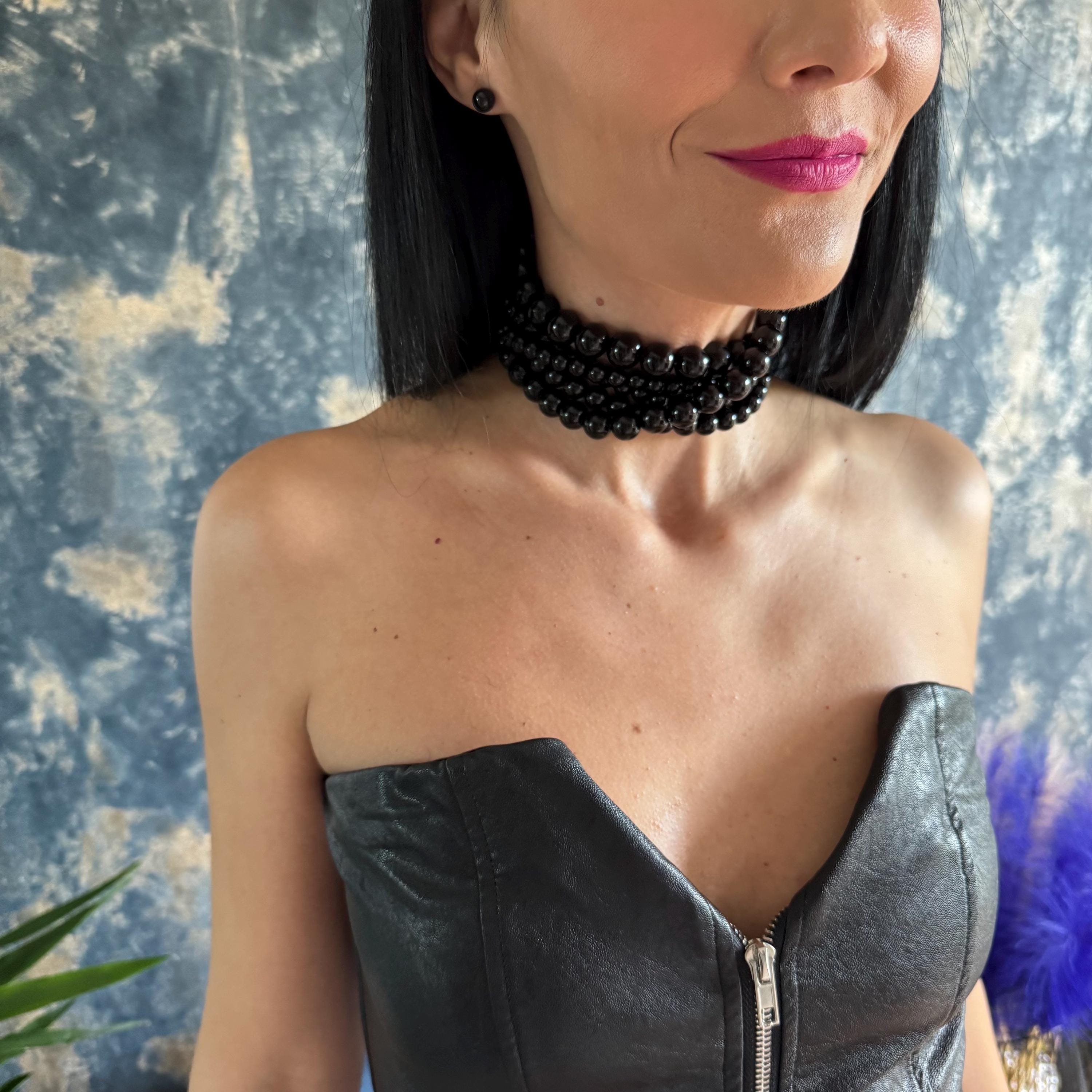 Handmade Multi Row Choker Black Agate Beads Statement Necklace Gemstone Jewelry Elegant Accessory Evening Wear Formal Attire Luxury Gift Woman Special Occasion Jewelry Premium Quality Beadwork Custom Size Option Gold Platinum Clasp Choice