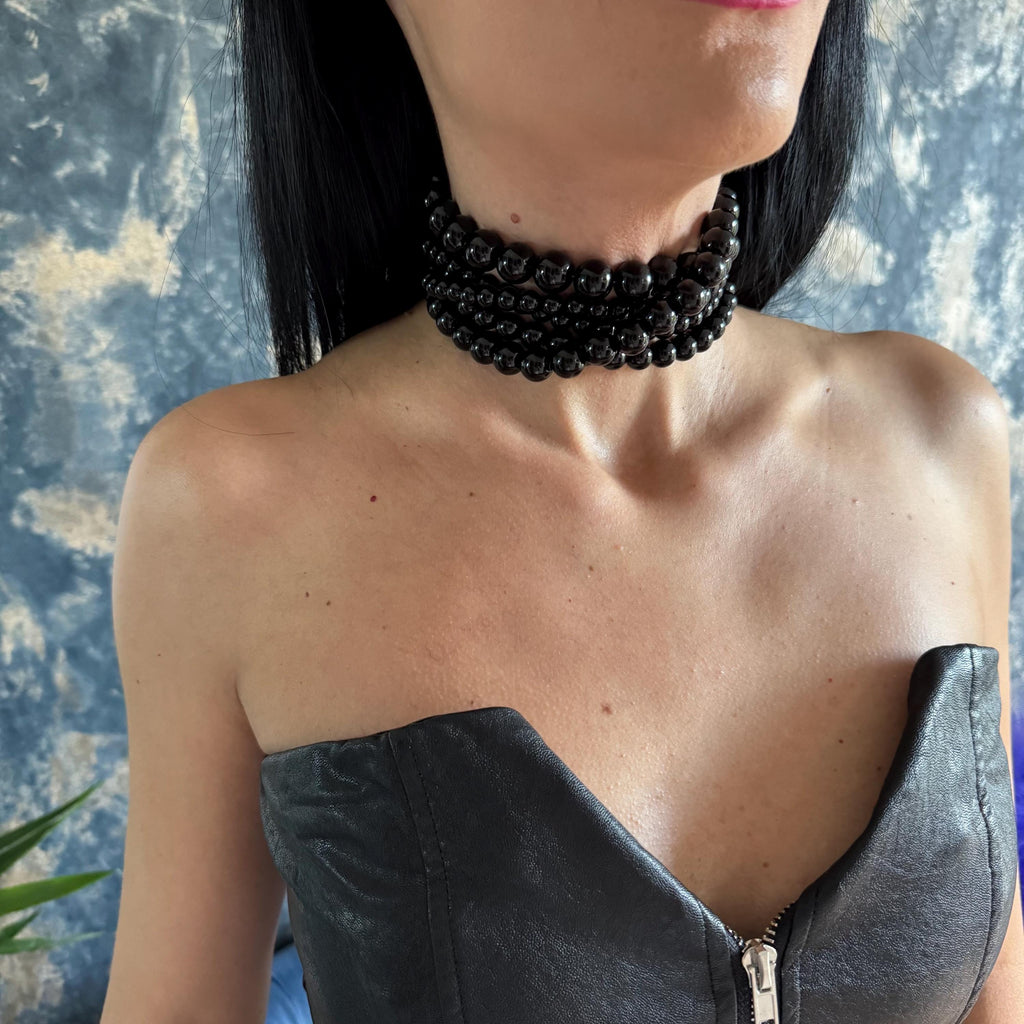 Black Agate Choker Necklace Statement Beaded Jewelry Gemstone Accessory Elegant Evening Formal Wear Luxury Gift Woman Handmade Multi Row Design Layered Necklace Fashion Forward Piece Custom Length Option Premium Quality Material Bold