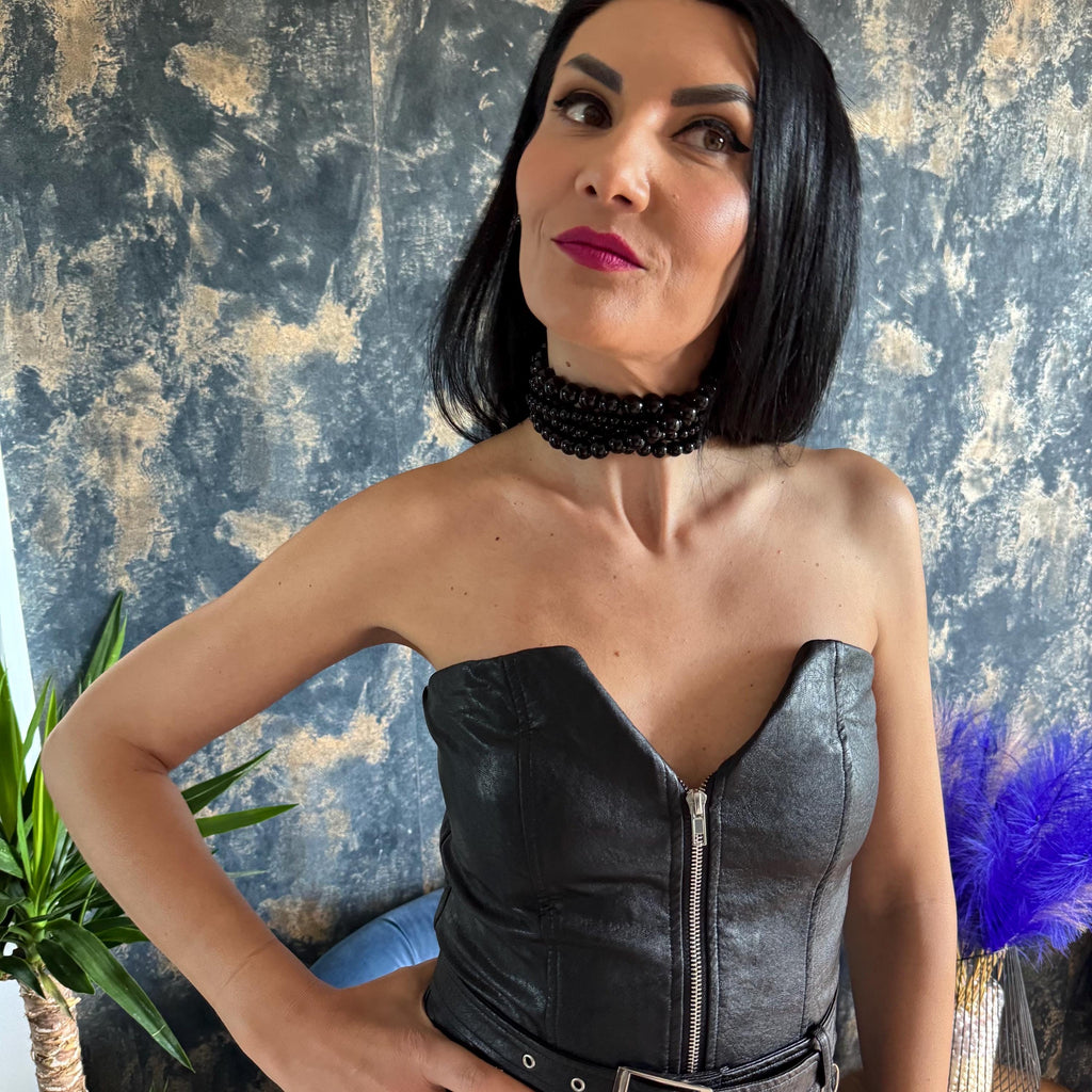 Statement Beaded Necklace Black Agate Gemstone Multi Row Choker Elegant Design Evening Wear Accessory Formal Attire Complement Luxury Gift Option Handmade Quality Piece Custom Size Available Gold Platinum Clasp Choice Premium Materials Bold