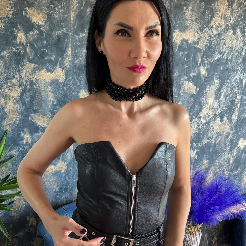 Statement Beaded Necklace Black Agate Gemstone Multi Row Choker Elegant Design Evening Wear Accessory Formal Attire Complement Luxury Gift Option Handmade Quality Piece Custom Size Available Gold Platinum Clasp Choice Premium Materials Bold