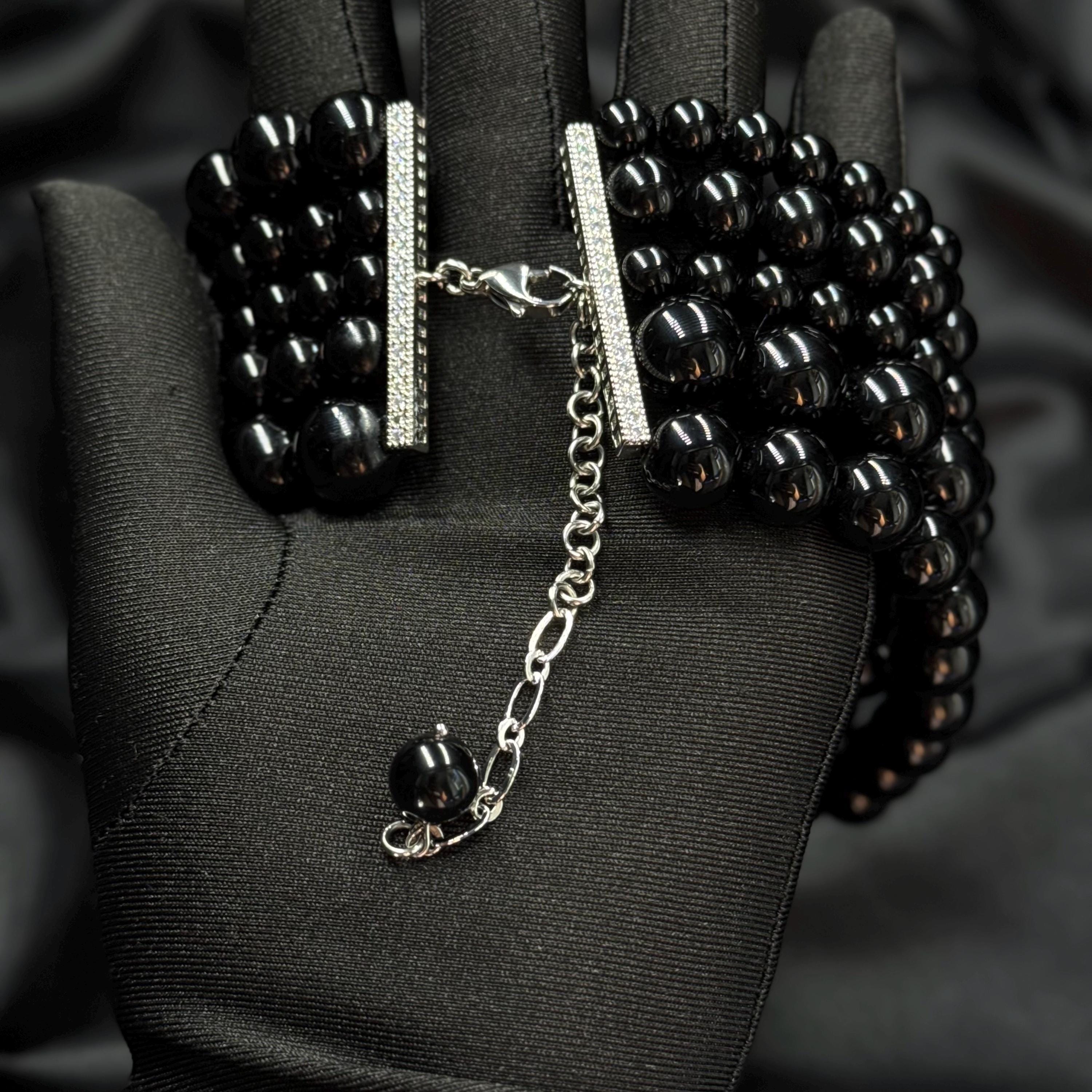Statement Beaded Necklace Black Agate Gemstone Multi Row Choker Elegant Design Evening Wear Accessory Formal Attire Complement Luxury Gift Option Handmade Quality Piece Custom Size Available Gold Platinum Clasp Choice Premium Materials Bold