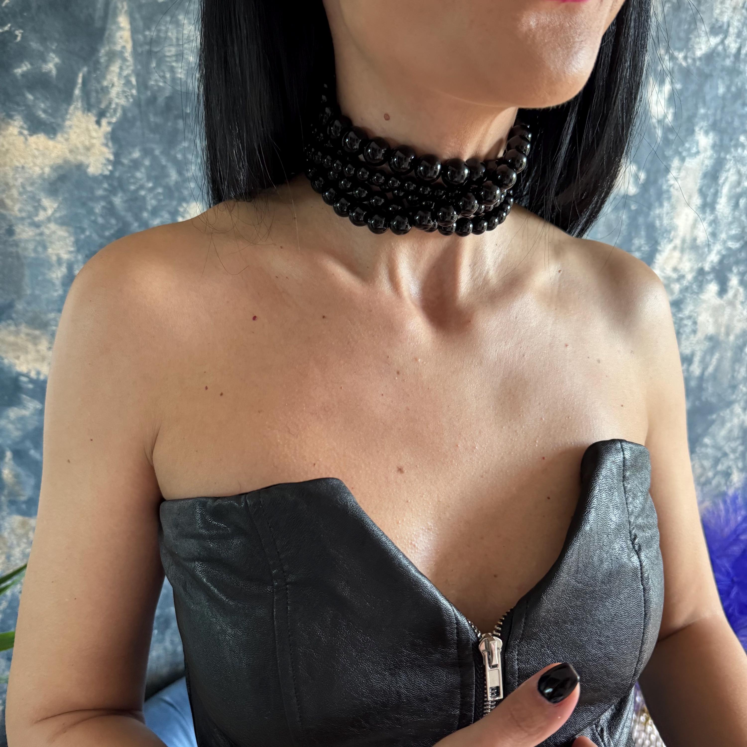 Black Agate Choker Necklace Statement Beaded Jewelry Gemstone Accessory Elegant Evening Formal Wear Luxury Gift Woman Handmade Multi Row Design Layered Necklace Fashion Forward Piece Custom Length Option Premium Quality Material Bold