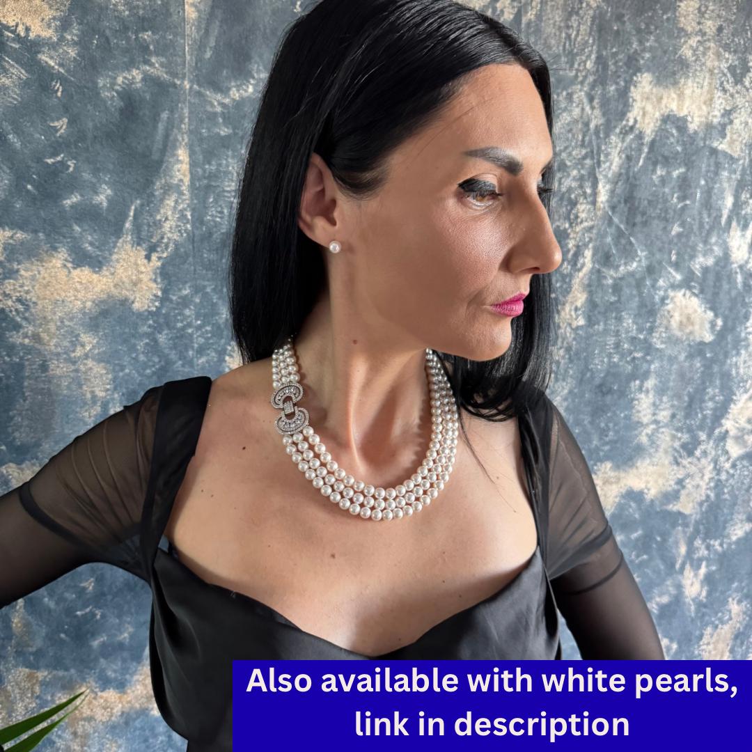 Mothers Day Gift Idea Triple Pearl Necklace Layered Costume Jewelry Elegant Statement Piece Luxury Accessory Formal Event Wear Ivory Crystal Pearls Rhinestone Clasp Gold Embellished Design Special Celebration Present Classic Vintage Style