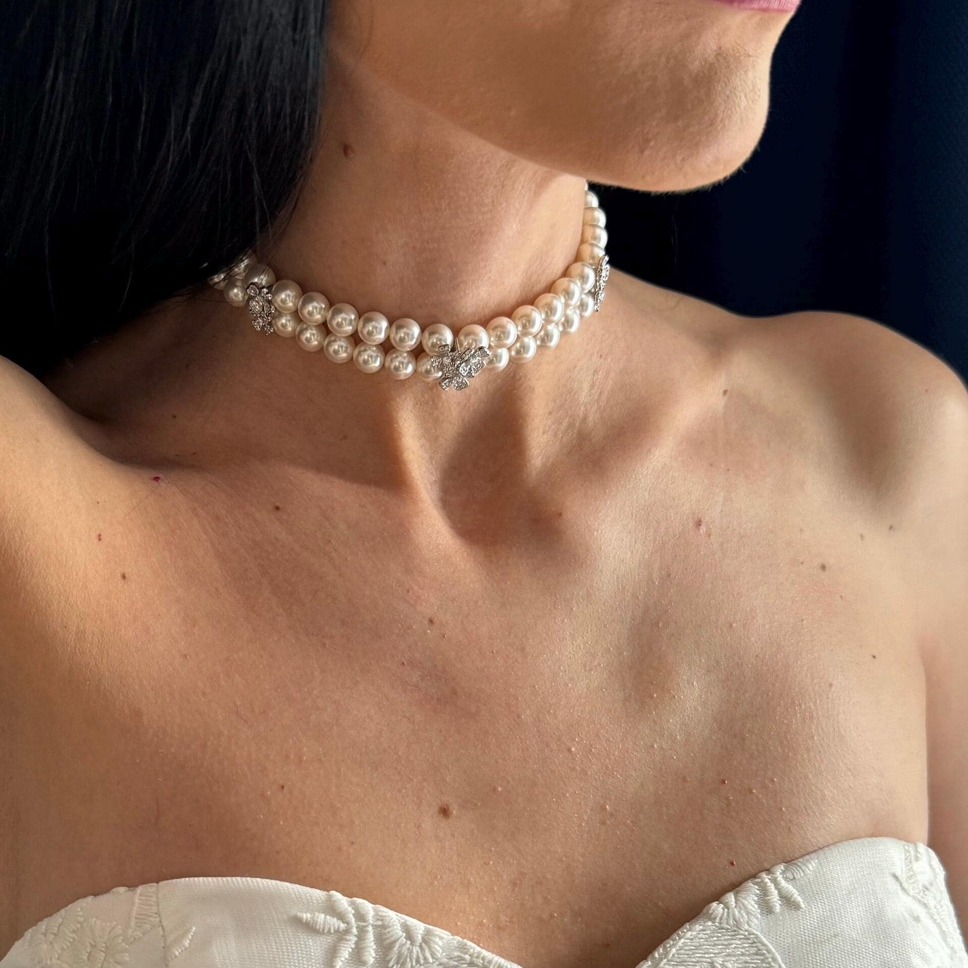 White Pearl Choker Necklace Set Bridal Jewelry Wedding Accessory Formal Wear Collection Layered Crystal Design Diamante Flower Detail Elegant Style Classic Look Special Occasion Piece Wedding Day Essential Adjustable Length Option Timeless