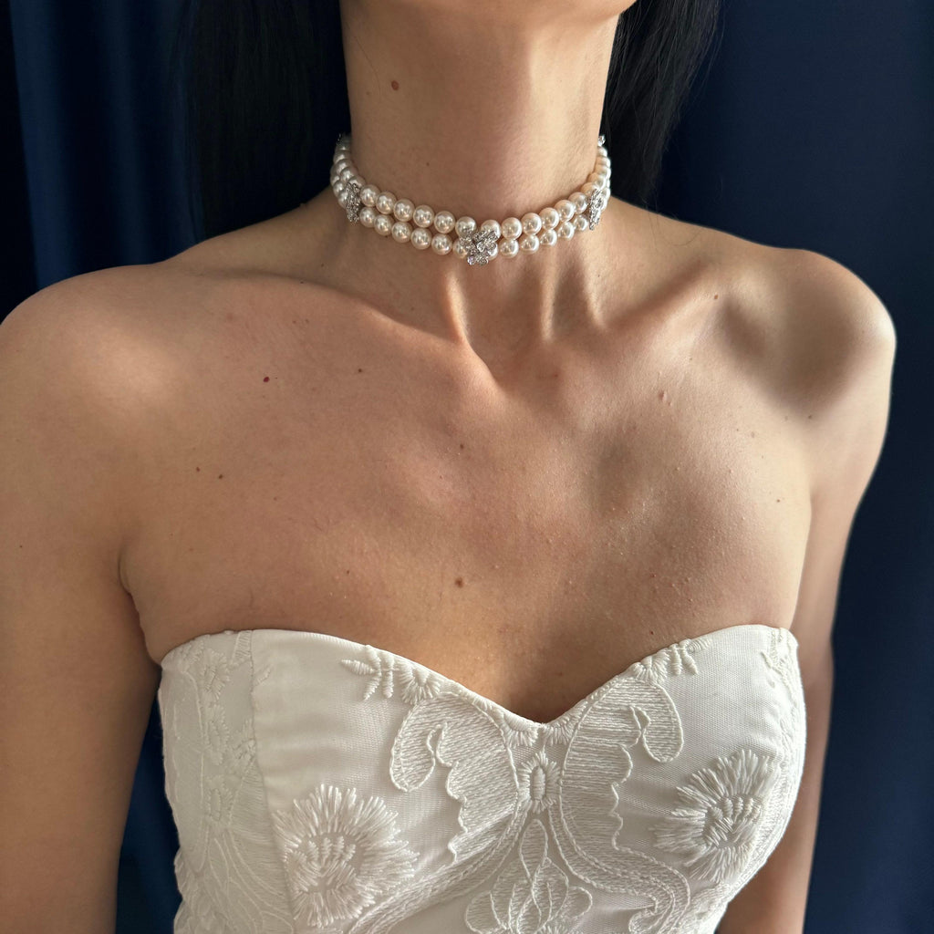 Wedding Accessory Collection White Pearl Choker Necklace Set Bridal Jewelry Essential Layered Crystal Design Formal Event Piece Special Occasion Jewelry Diamante Flower Detail Elegant Style Classic Look Adjustable Length Option