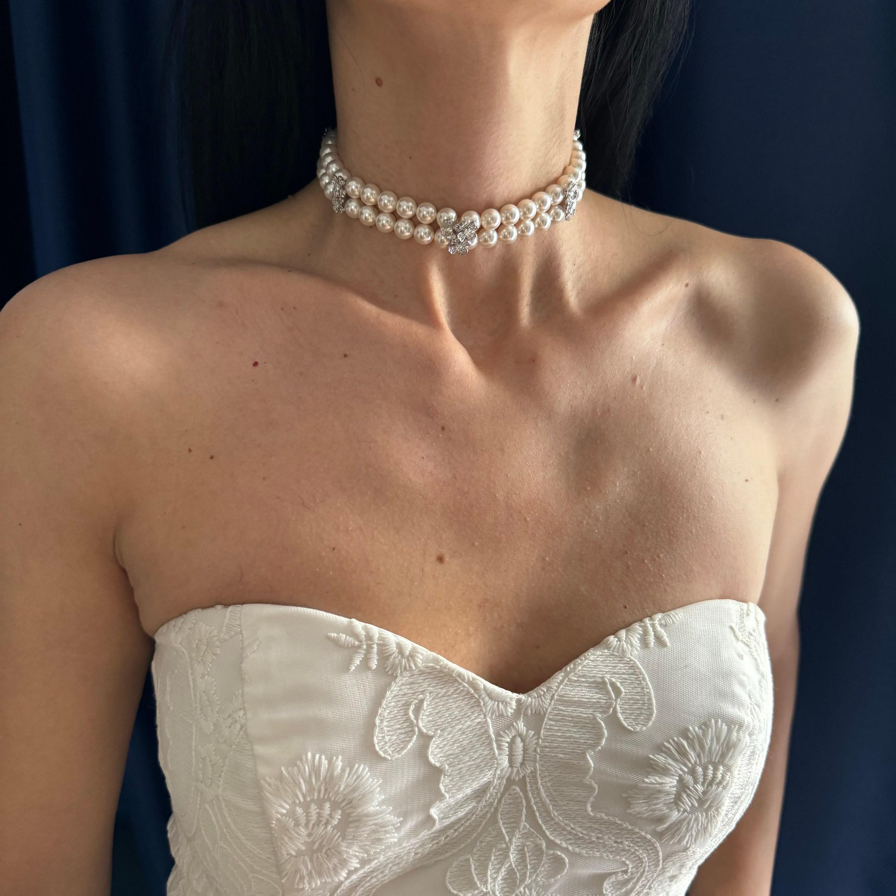 Wedding Accessory Collection White Pearl Choker Necklace Set Bridal Jewelry Essential Layered Crystal Design Formal Event Piece Special Occasion Jewelry Diamante Flower Detail Elegant Style Classic Look Adjustable Length Option