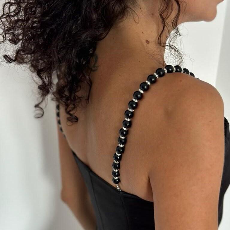 Fashion Forward Straps Black Rhinestone Embellishment Elegant Shoulder Jewelry Detachable Dress Accessory Beaded Design Detail Silver Crystal Decoration Adjustable Length Feature Formal Wear Enhancement Evening Gown Upgrade Sparkly Style