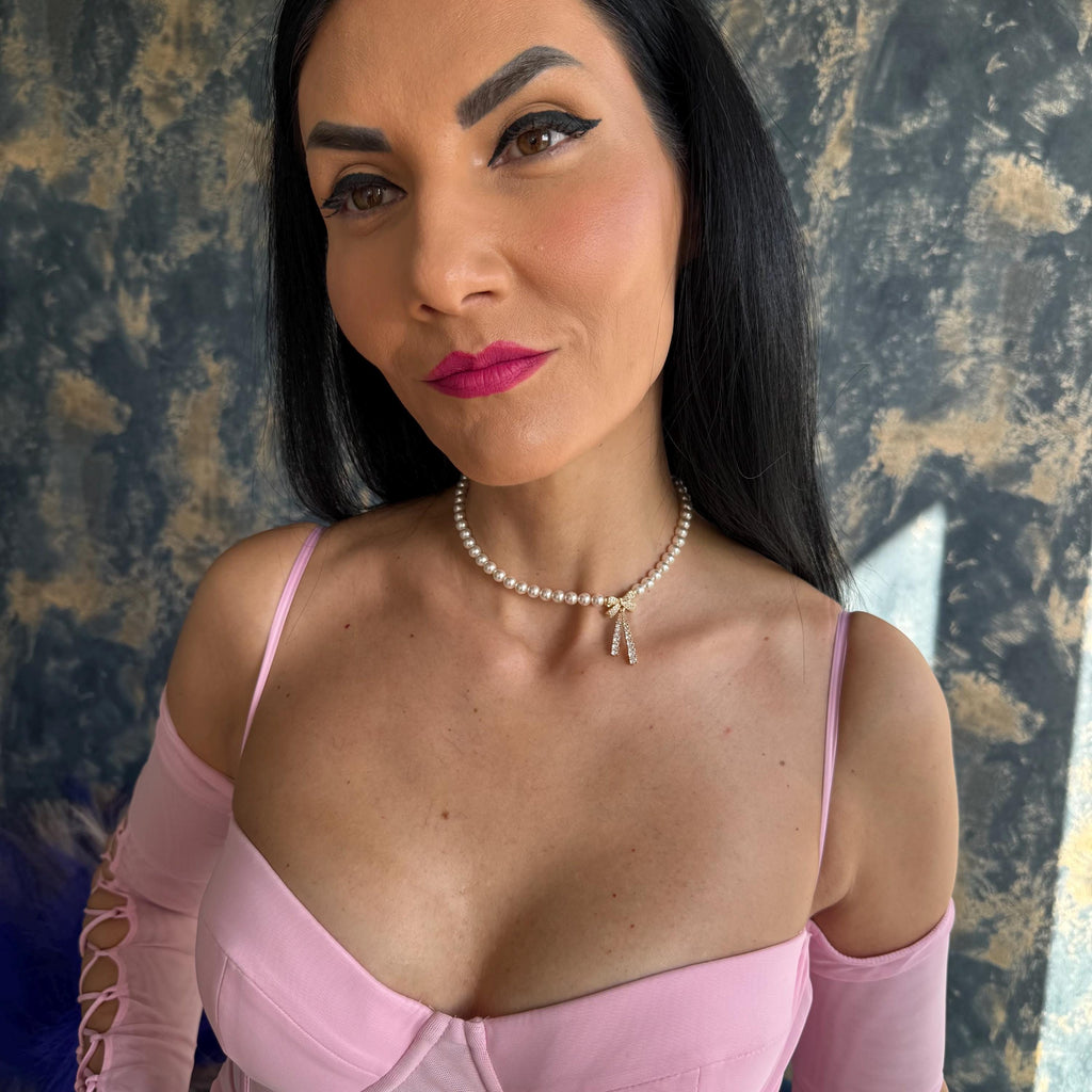 Dainty Bow Necklace Pearl Crystal Design Elegant Choker Style Adjustable Length Chain Gold Silver Options Premium Quality Materials Sophisticated Neck Piece Formal Event Jewelry Special Occasion Accessory Perfect Gift Idea Women Feminine