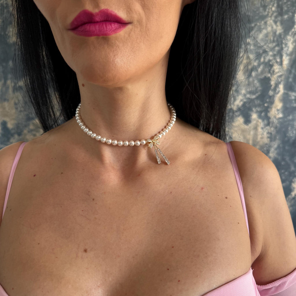 Pearl Bow Choker Necklace Elegant Crystal Design Gold Plated Option Premium Quality Jewelry Formal Event Accessory Special Occasion Piece Dainty Feminine Style Classic Look Adjustable Length Chain Perfect Gift Idea Women Birthday Present