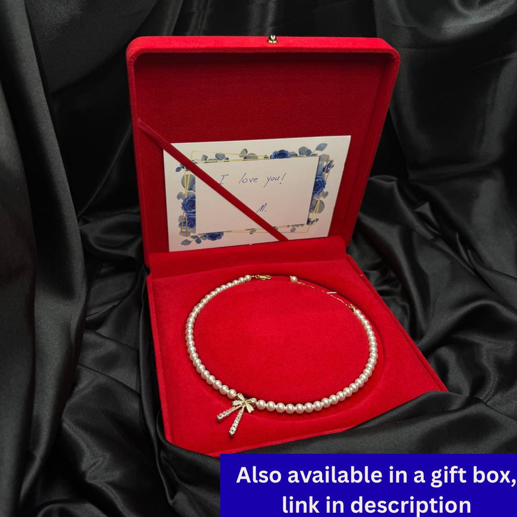 Dainty Bow Necklace Pearl Crystal Design Elegant Choker Style Adjustable Length Chain Gold Silver Options Premium Quality Materials Sophisticated Neck Piece Formal Event Jewelry Special Occasion Accessory Perfect Gift Idea Women Feminine