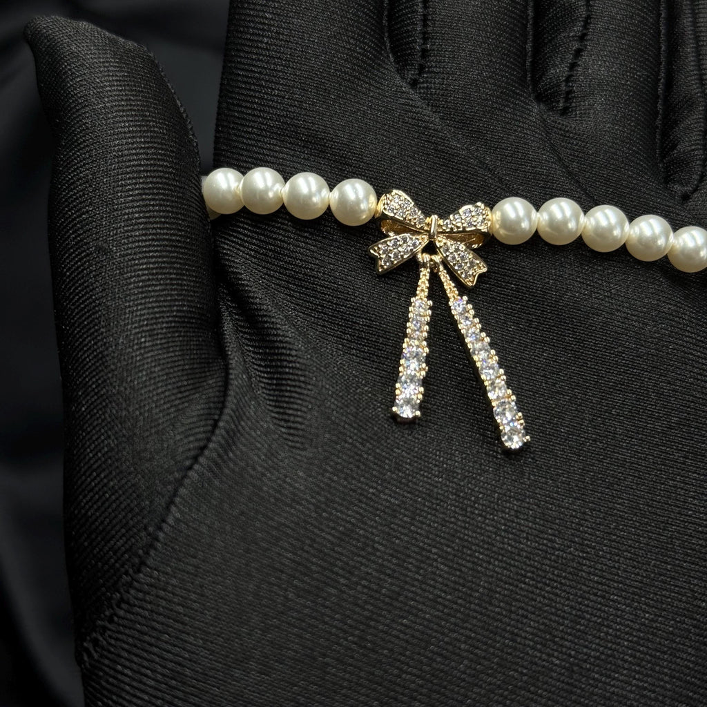 Special Occasion Necklace Pearl Bow Design Elegant Choker Style Rhinestone Charm Detail Crystal Pearl Collection Adjustable Length Feature Formal Wear Accessory Luxury Gift Presentation Red Velvet Box Included Perfect Wife Present Holiday
