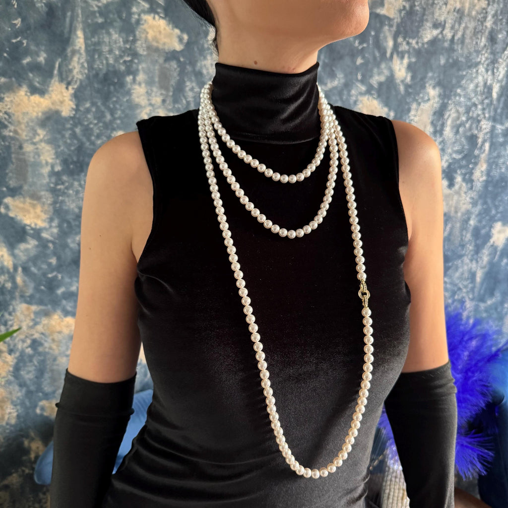 Long Pearl Necklace Multi Way Design Convertible Strand Options Wedding Accessory Formal Event Jewelry White Crystal Pearls Premium Quality Construction Elegant Bridal Piece Statement Necklace Classic Timeless Style Versatile Layering