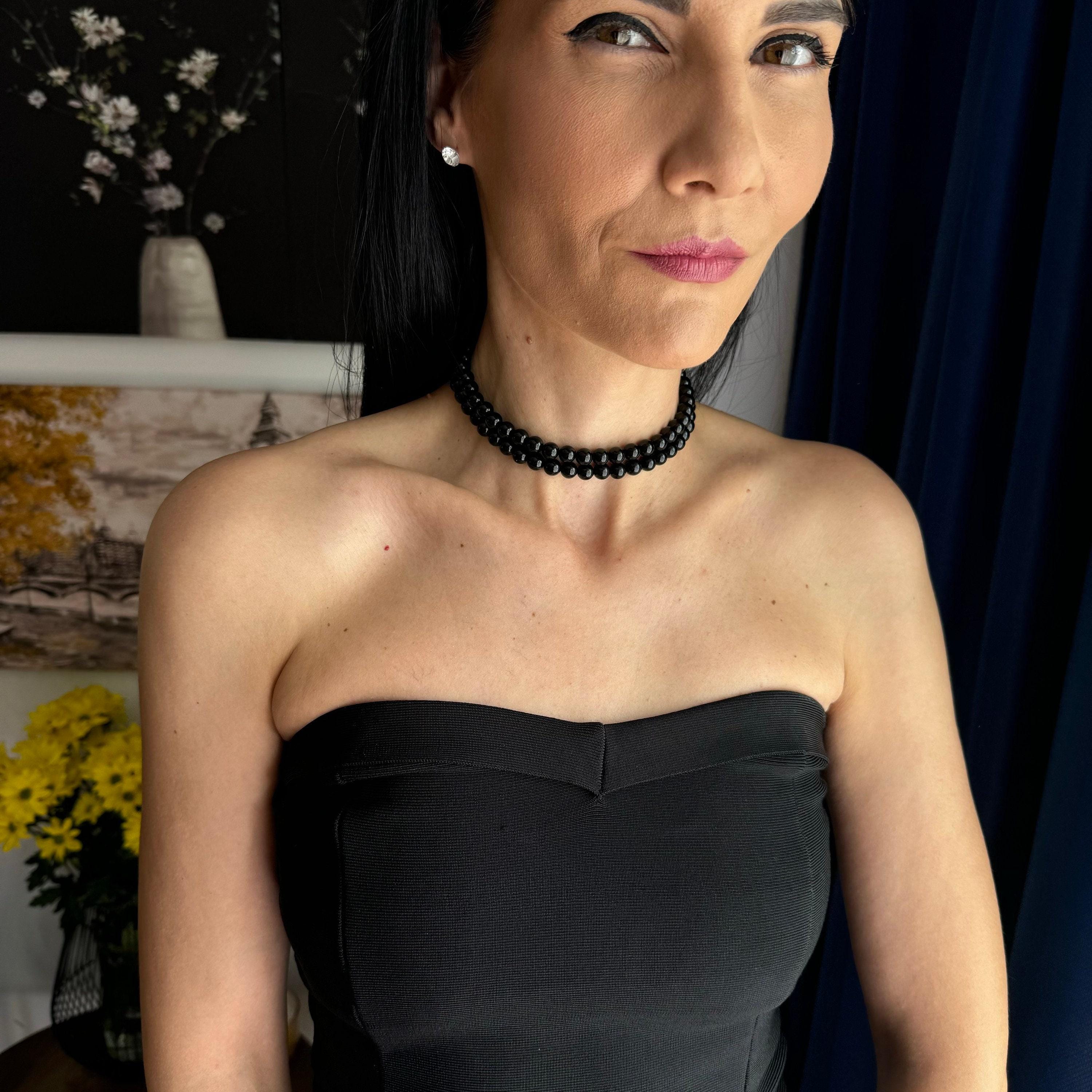 Black Pearl Jewelry Layered Choker Style Elegant Necklace Design Wedding Accessory Option Versatile Fashion Piece Evening Wear Collection Two Strand Arrangement Classic Neck Adornment Formal Event Jewelry Special Occasion Gift Sophisticated